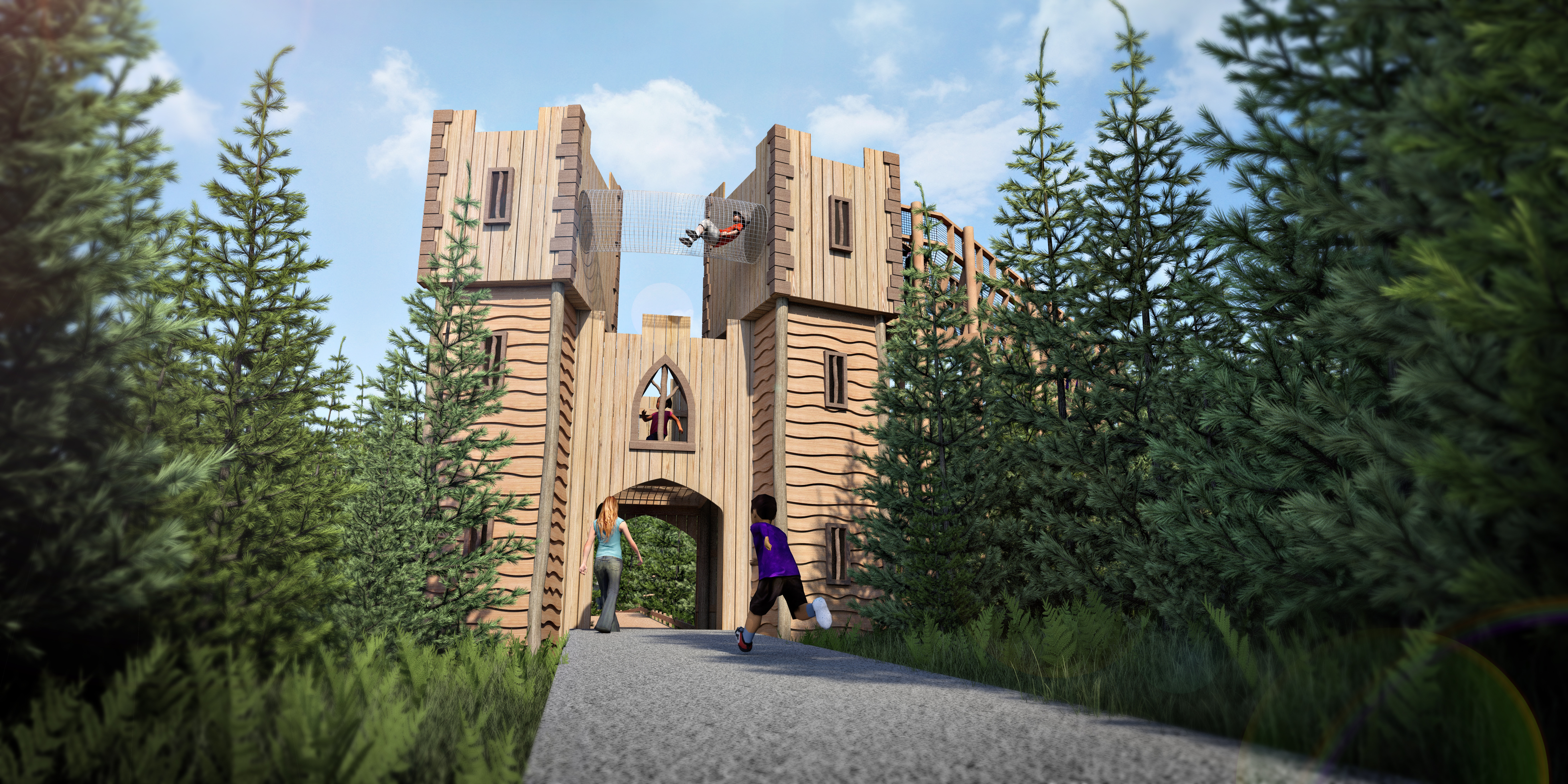 CGI of the front entrance to the Plotters Forest Adventure Play by CAP.Co