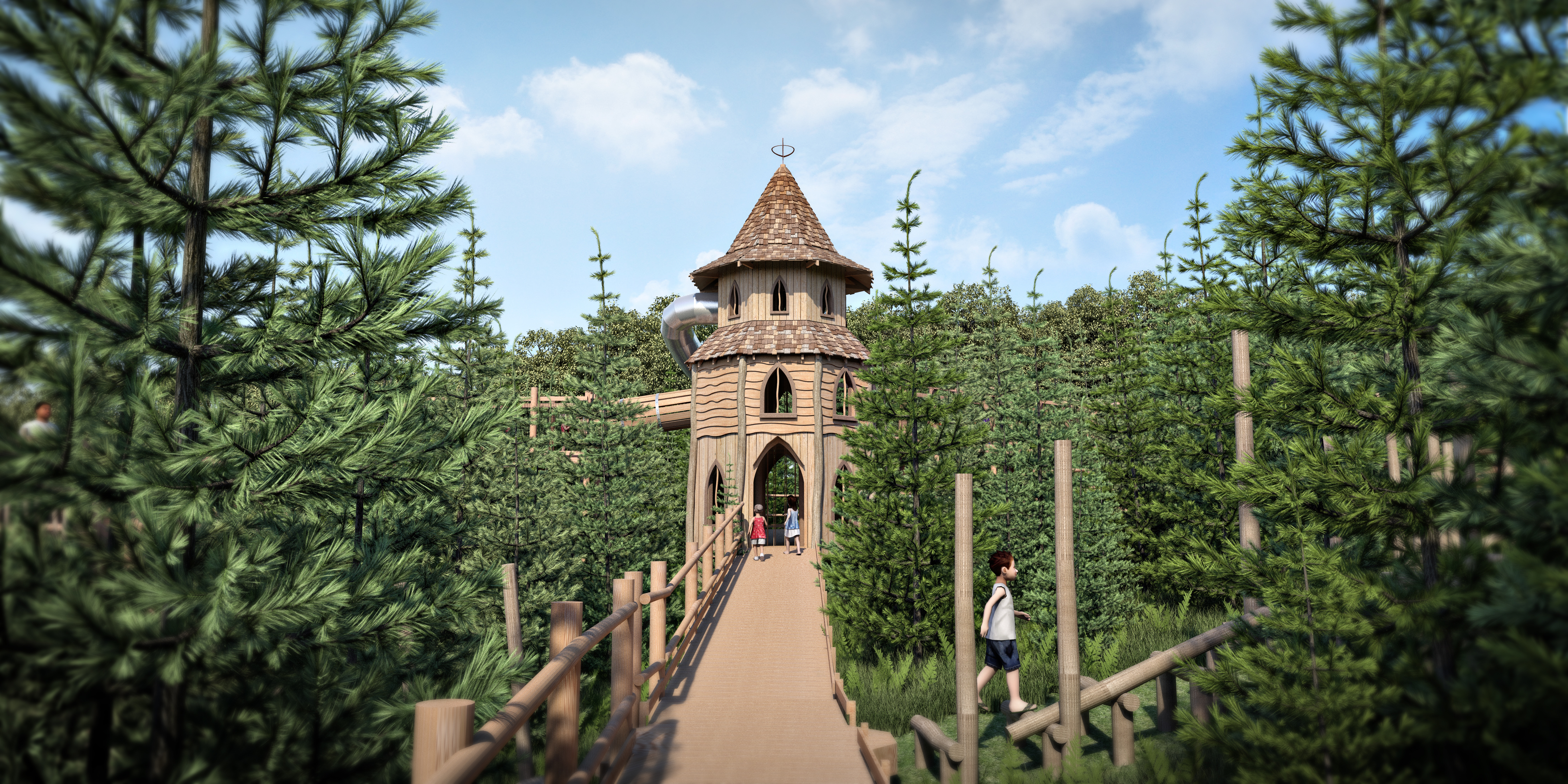 CGI of the middle Tower play section at Plotters Forest Adventure Play by CAP.Co