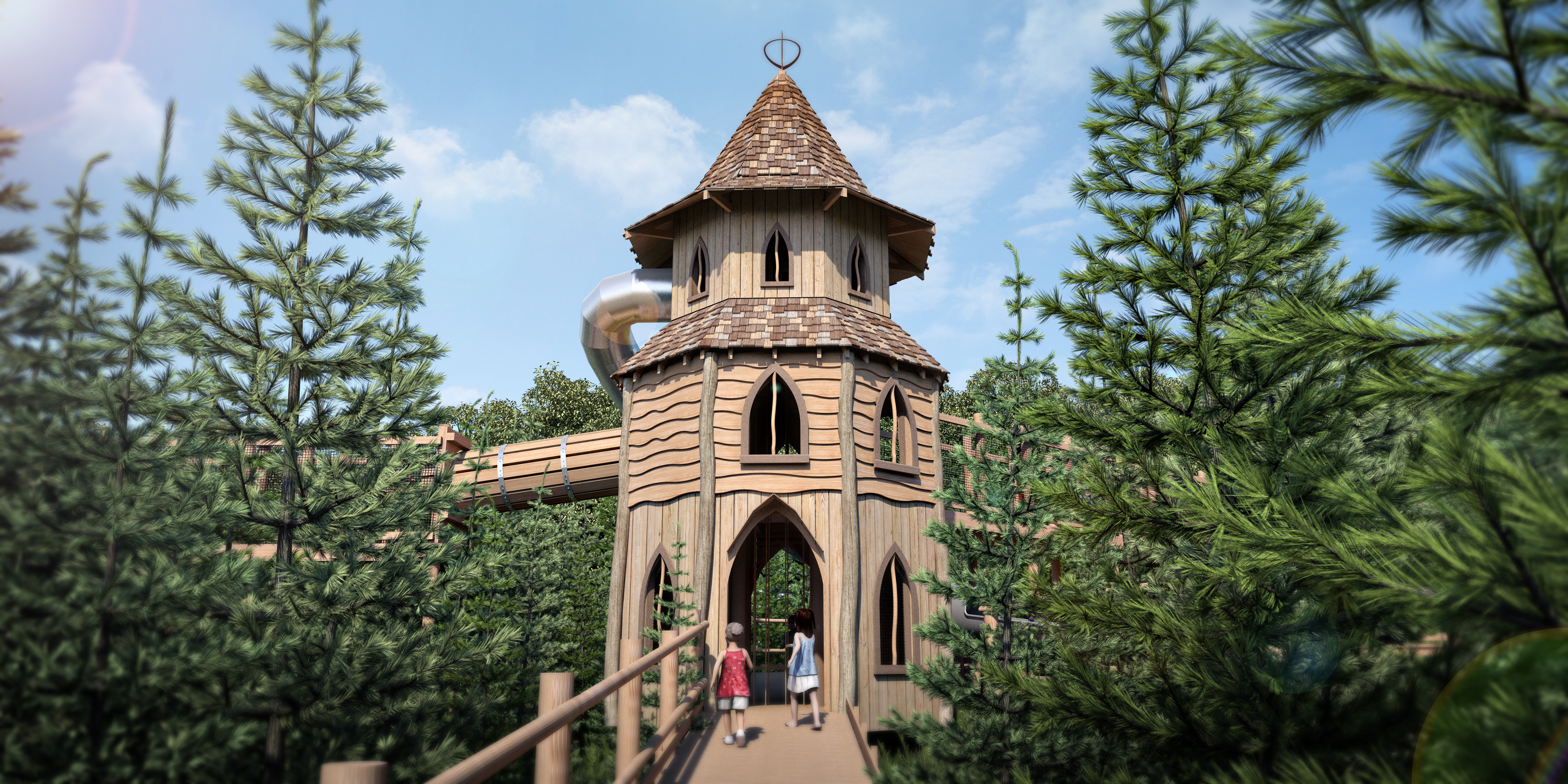 Close up CGI of climbing and slide tower at Plotters Forest Adventure Play by CAP.Co