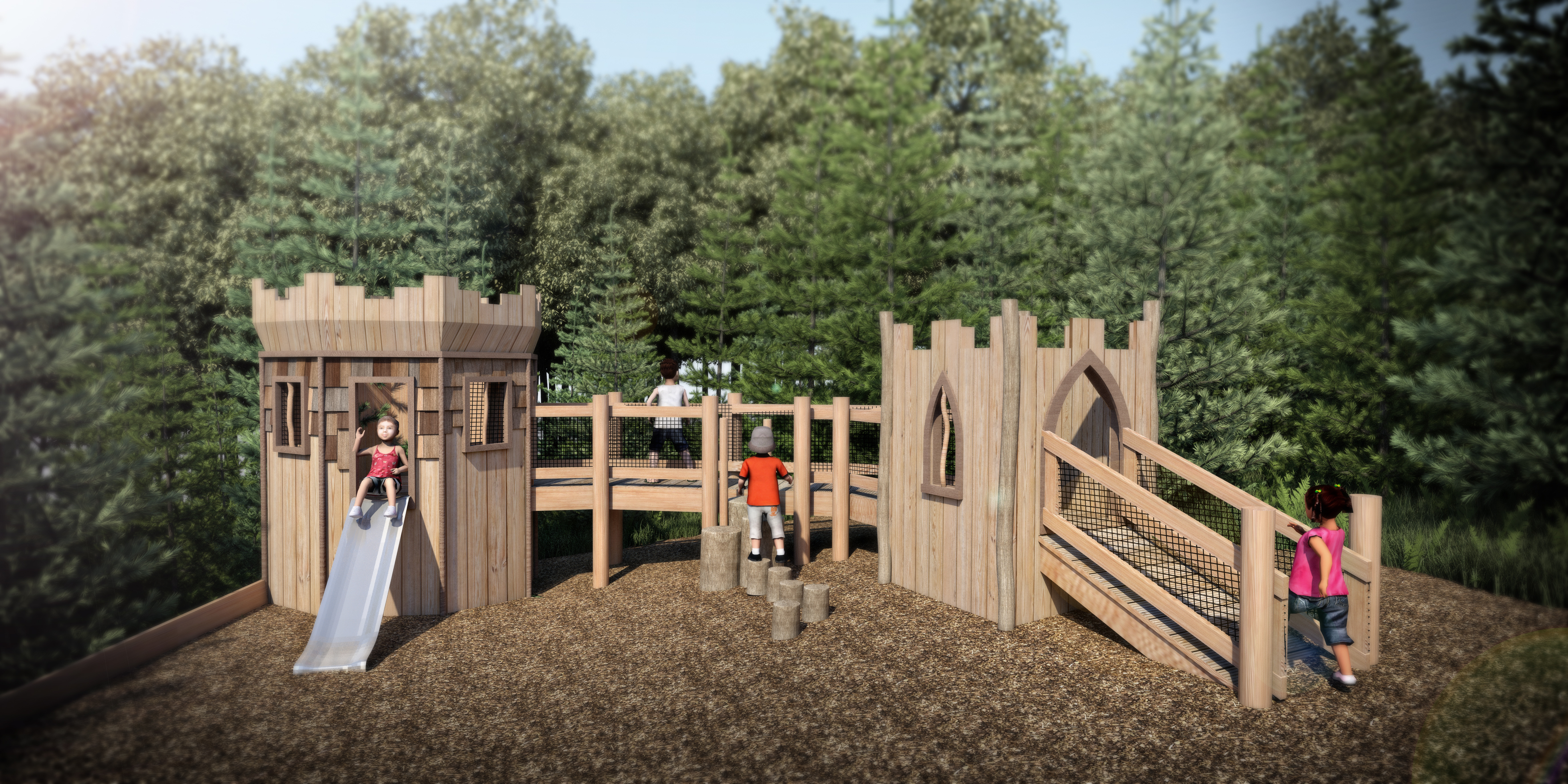 Toddler play at the top of the Plotters Forest Adventure Play by CAP.Co