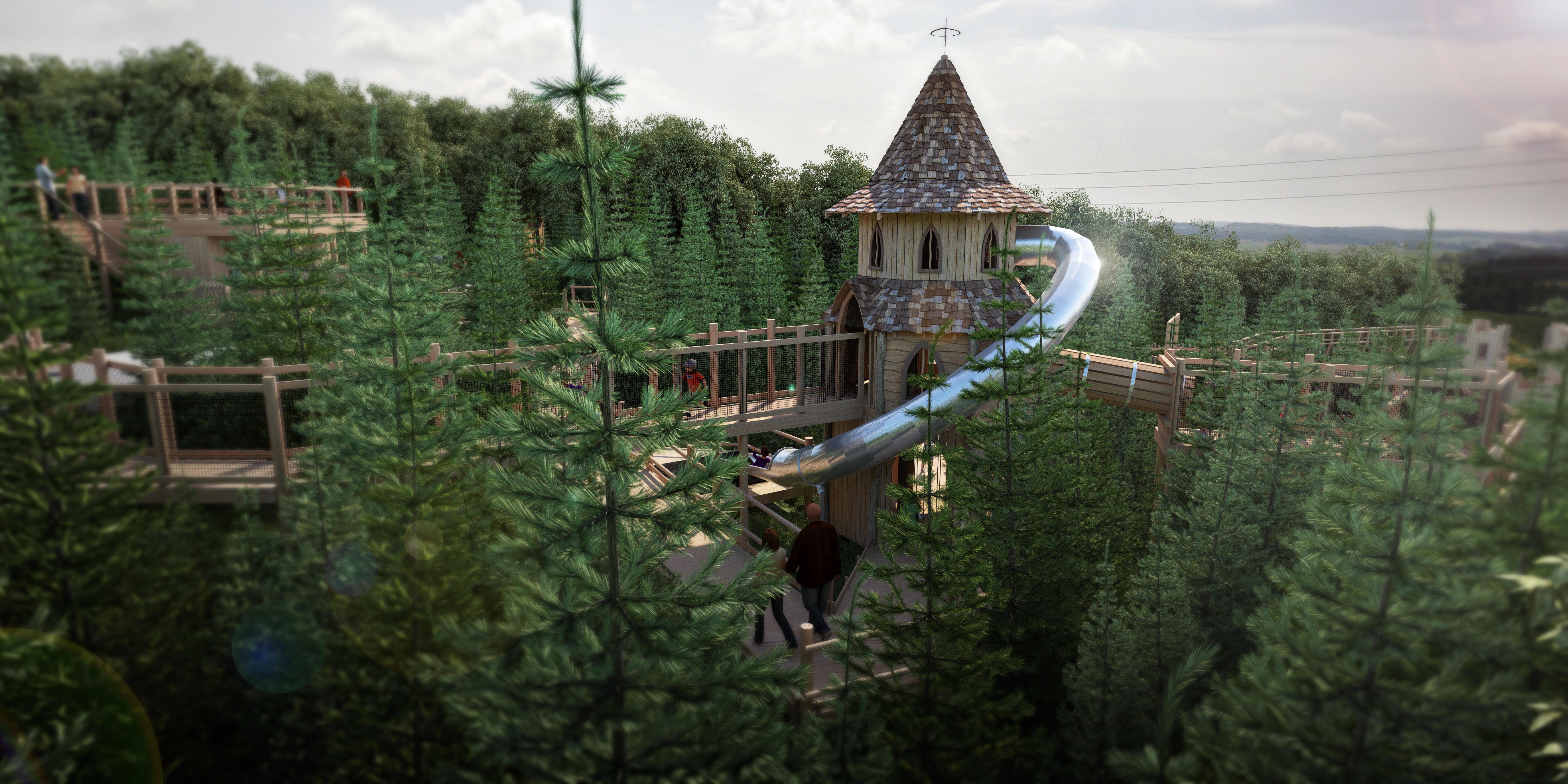 Wide view CGI of play and F&B unit at Plotters Forest Adventure Play by CAP.Co