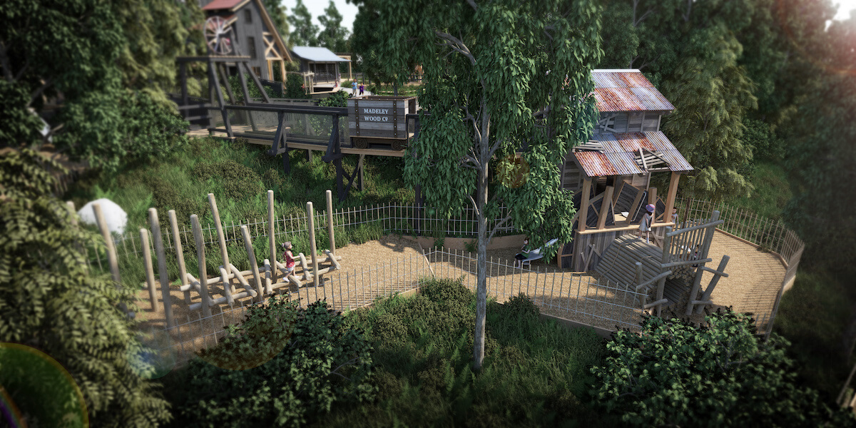 View across the valley to The Madeley Wood Company adventure play at Blists Hill Museum by CAP.Co