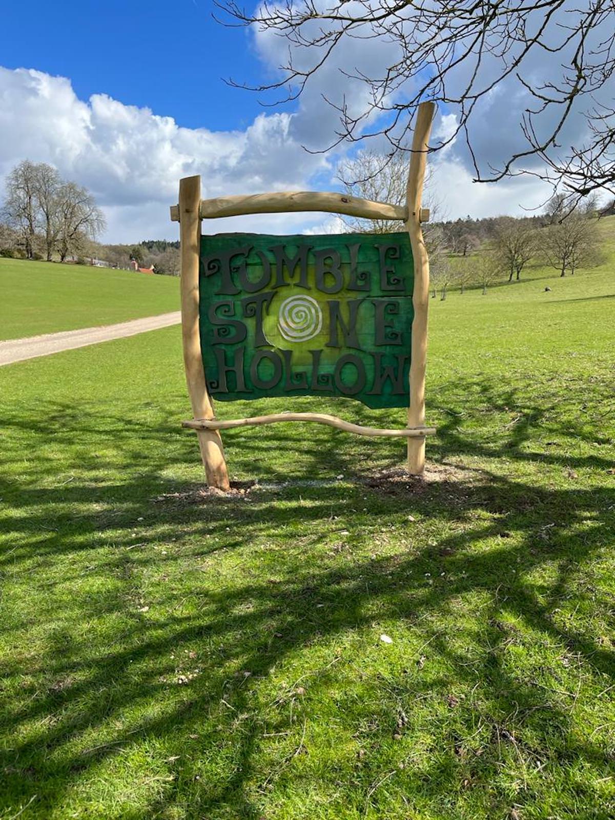 One of the initial signs for Tumblestone Hollow at the entrance to the driveway at Stonor Park