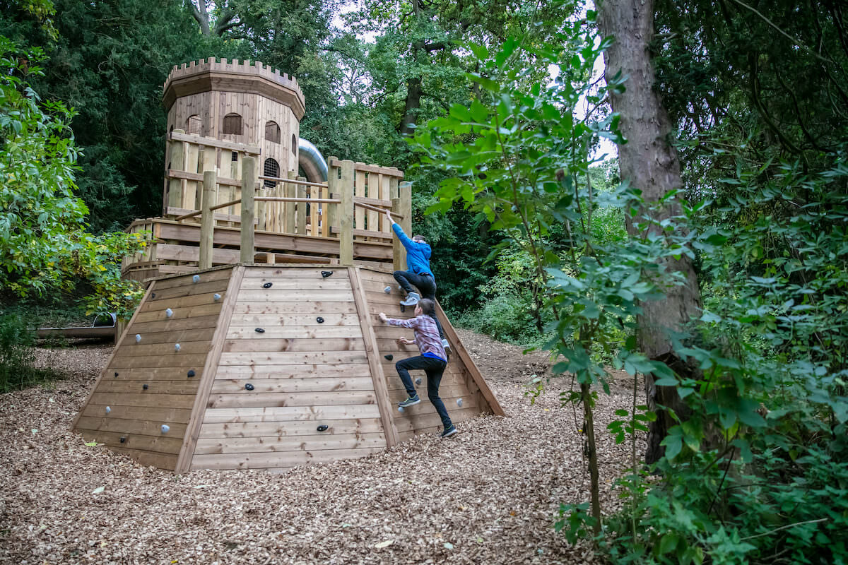 There is a climb up to the Castle Tower Maze outside of the Belvoir Castle Adventure Play by CAP.Co