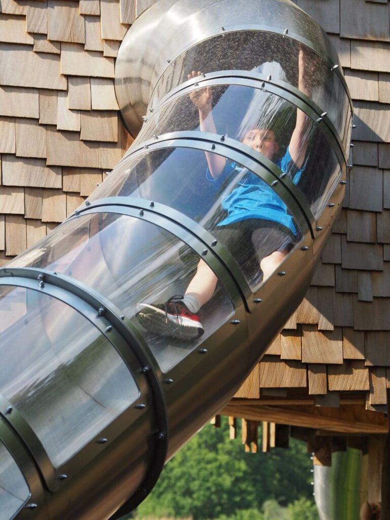 Close up of enclosed slide at Windsor Great Park Adventure Play
