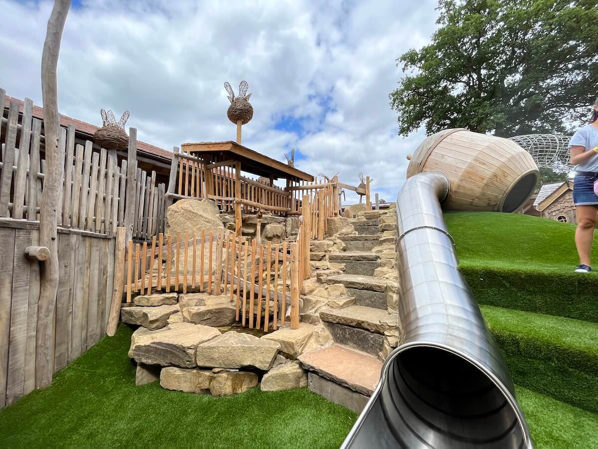 The steps alongside the Acorn slide and water play at Courtyard Play for Toddlers at Windsor Great Park