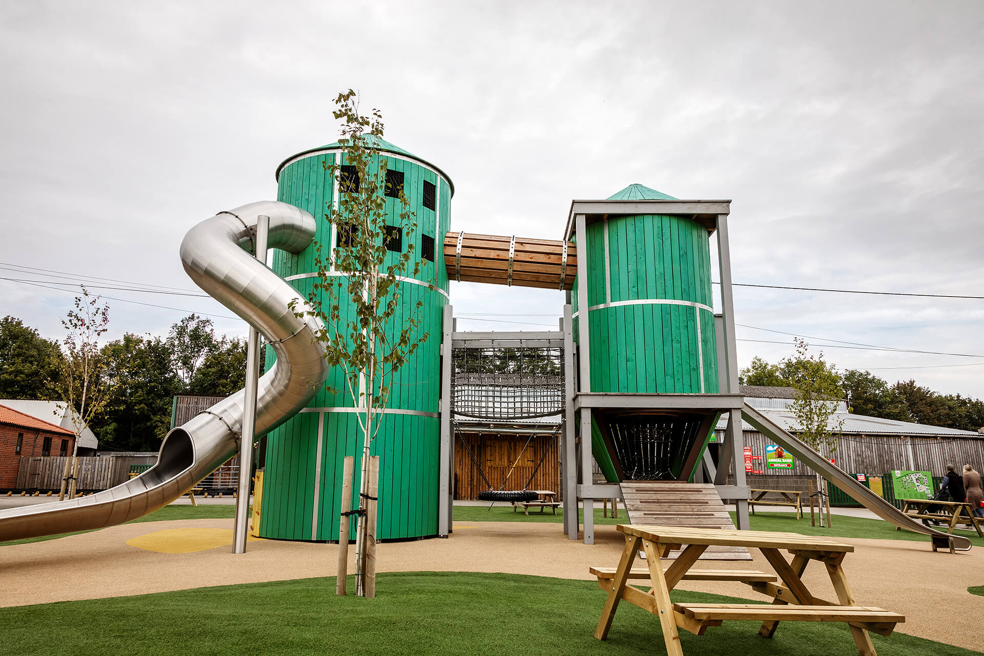 CAPCO built playground at Rand Farm Park architectural shot of silos slides and structure