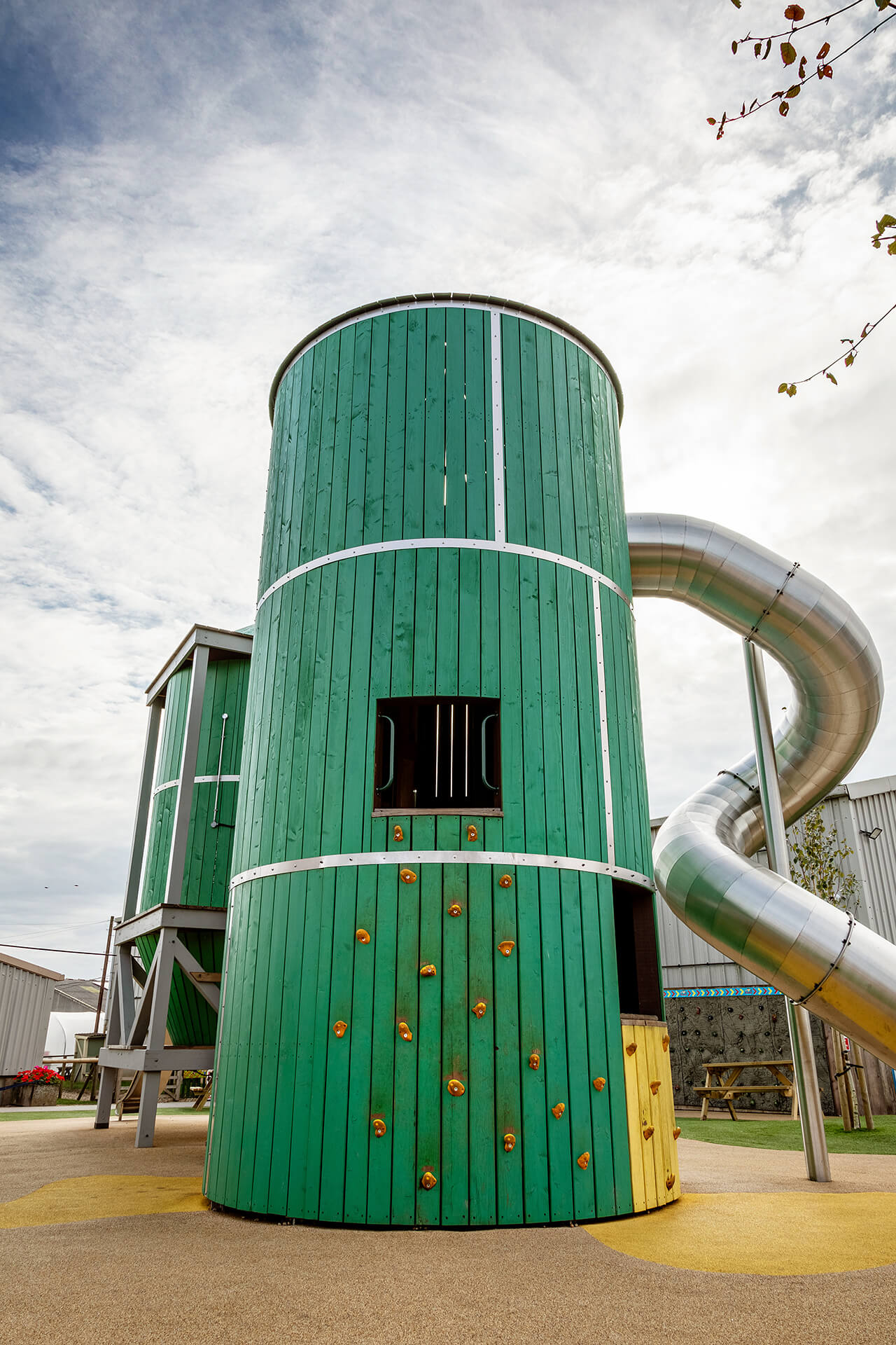 CAPCO design and built playground at Rand Farm Park architectural shot of play structure of climbing holds