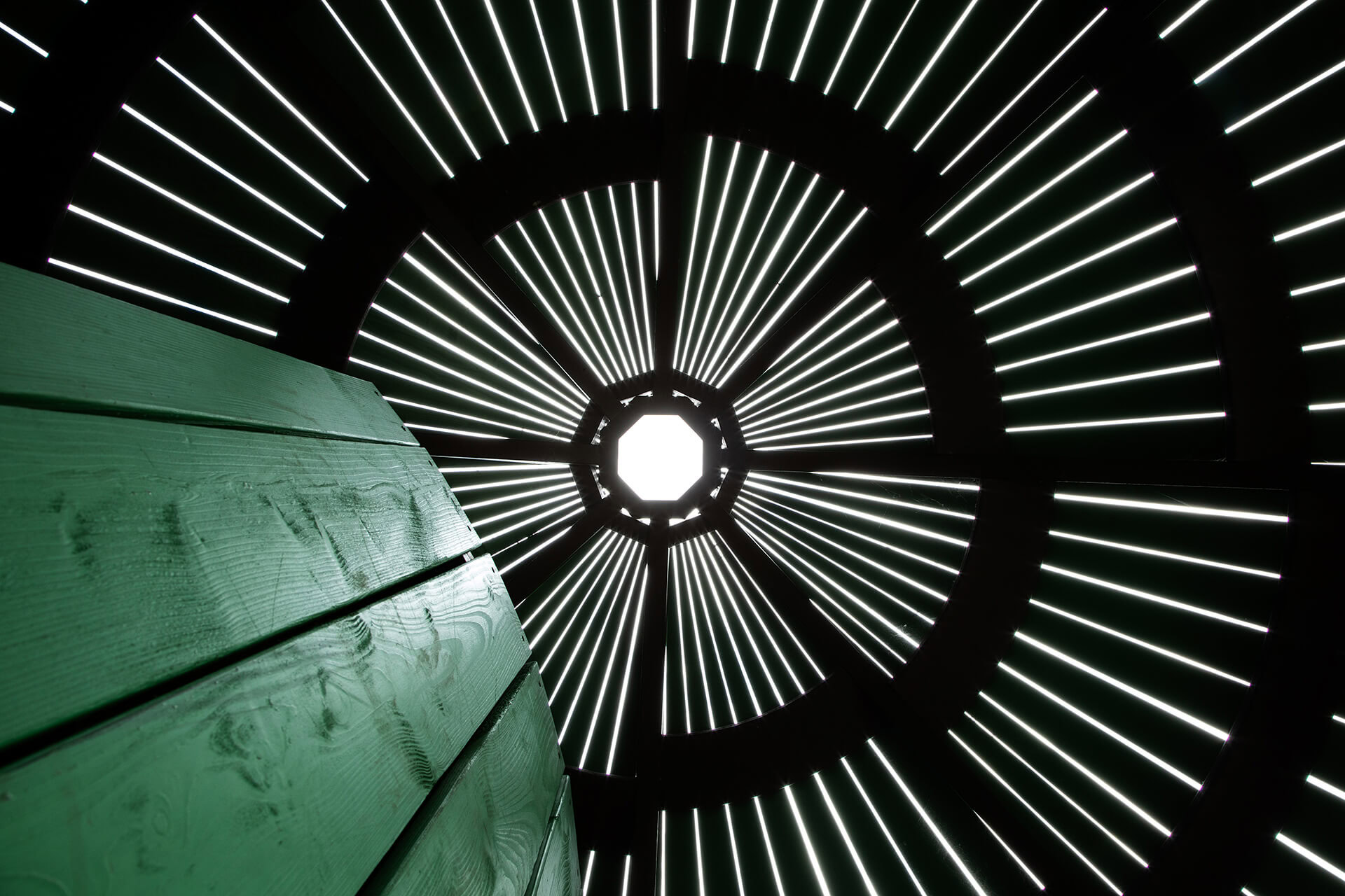 Internal shot of roof joists inside the play structure built by CAPCO at Rand Farm Park