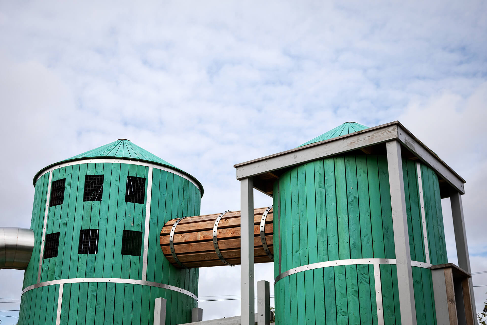 architectural shot of the two silos at Rand Farm Park playground built by CAPCO