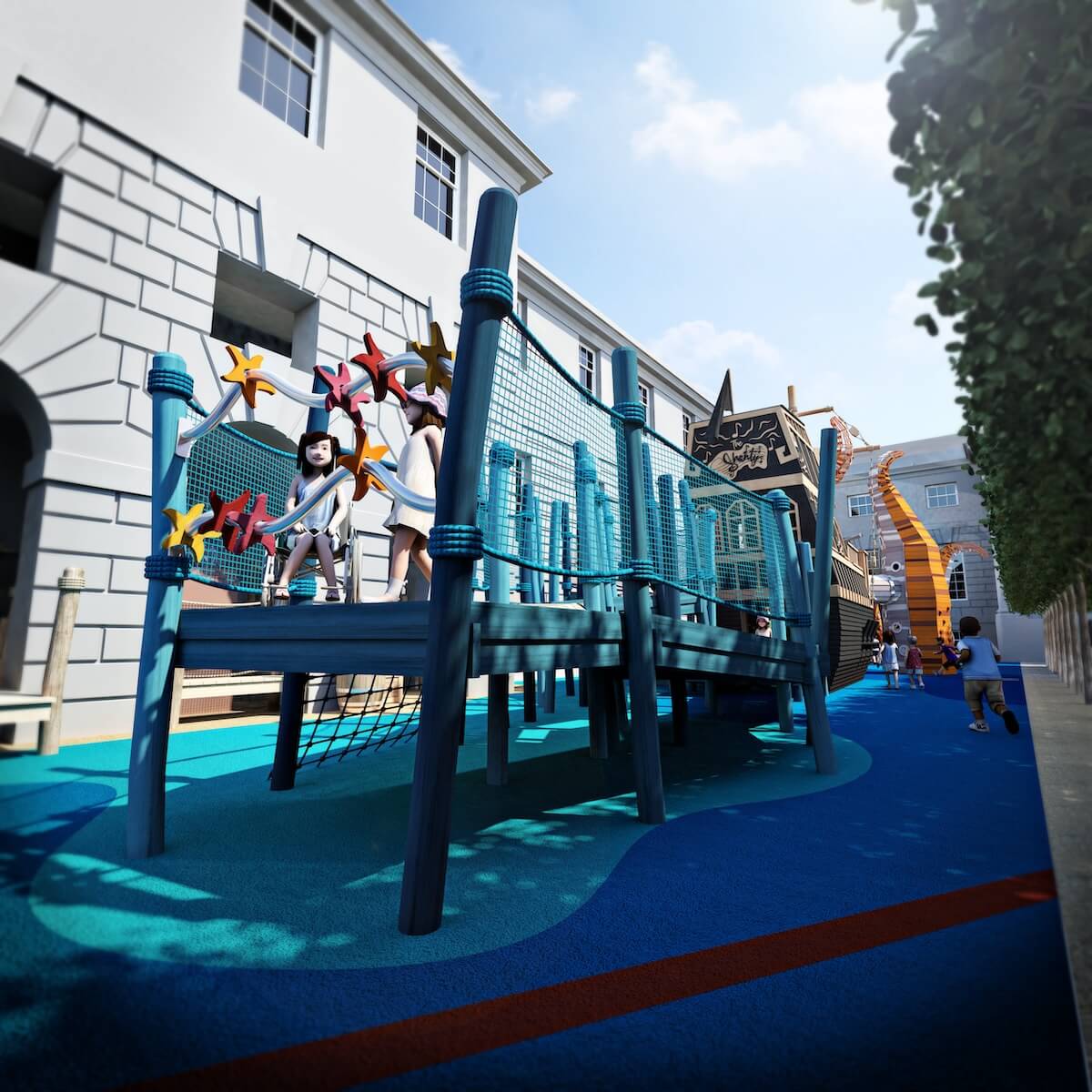 Long view of the Cove Adventure Play at National Maritime Museum