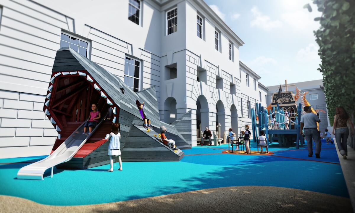 Looking at the Cutty Shark and into the play at the Cove Adventure Play at National Maritime Museum