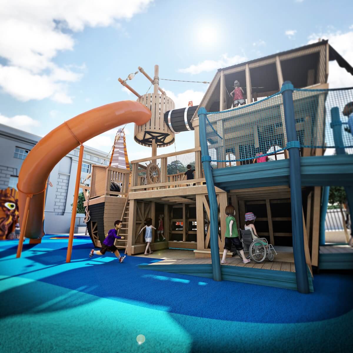 The far side of the Shanty and slide at the Cove Adventure Play at National Maritime Museum