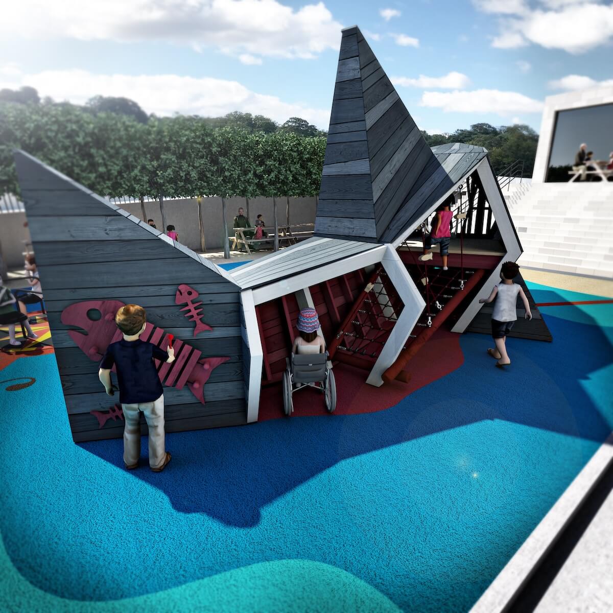 The rear of the Cutty Shark at the Cove Adventure Play at National Maritime Museum