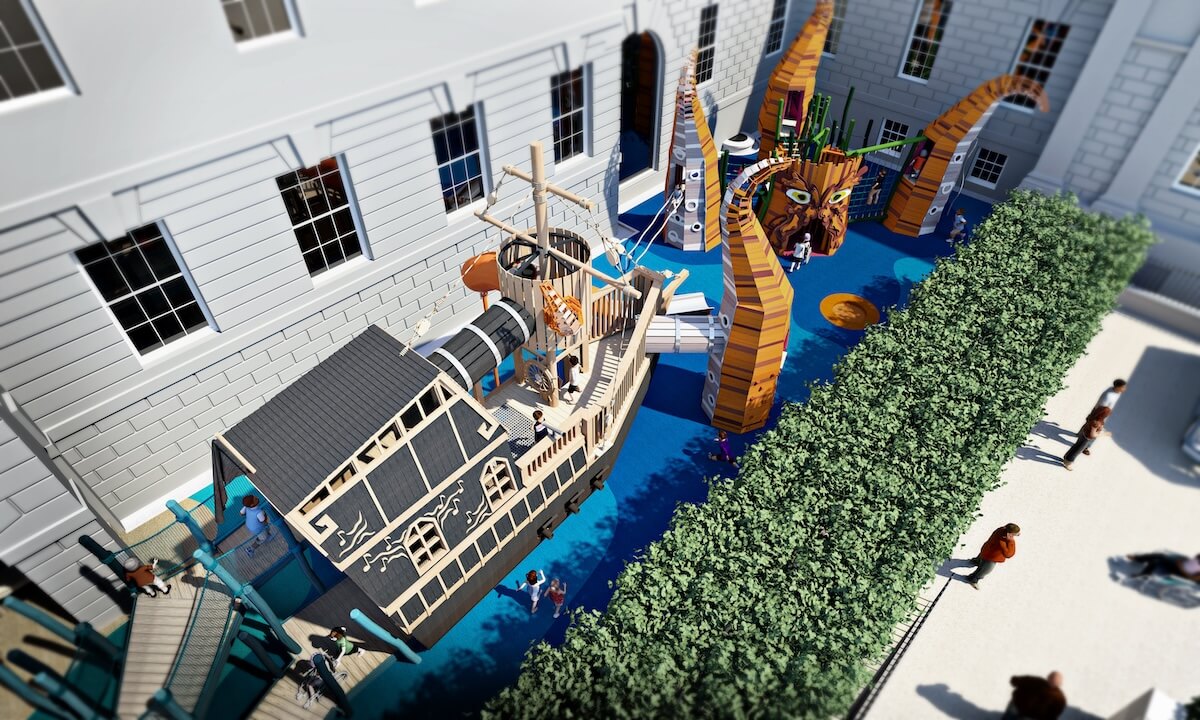 View across the site at the Cove Adventure Play at National Maritime Museum