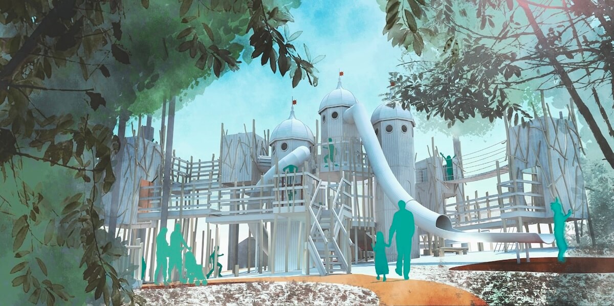 Looking up at Early coloured work up model of Burghley House Adventure Play