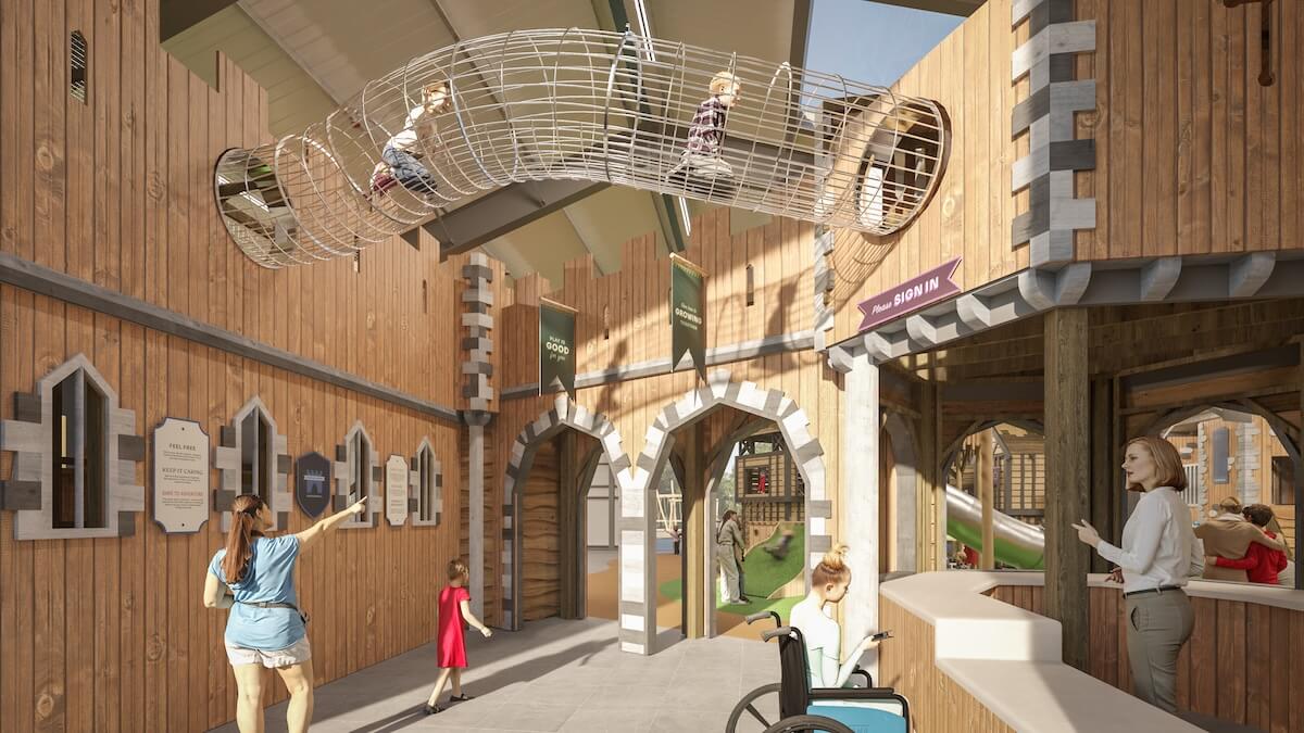 CGI of the entrance to the Hockerhill Adventure Playbarn indoor and outdoor play in Staffordshire by CAP.CO