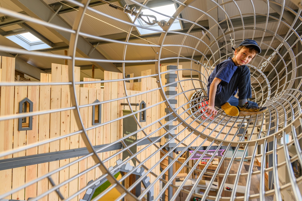 High level cage climb for kids and adults at Hockerhill Adventure Playbarn indoor and outdoor play in Staffordshire by CAP.CO