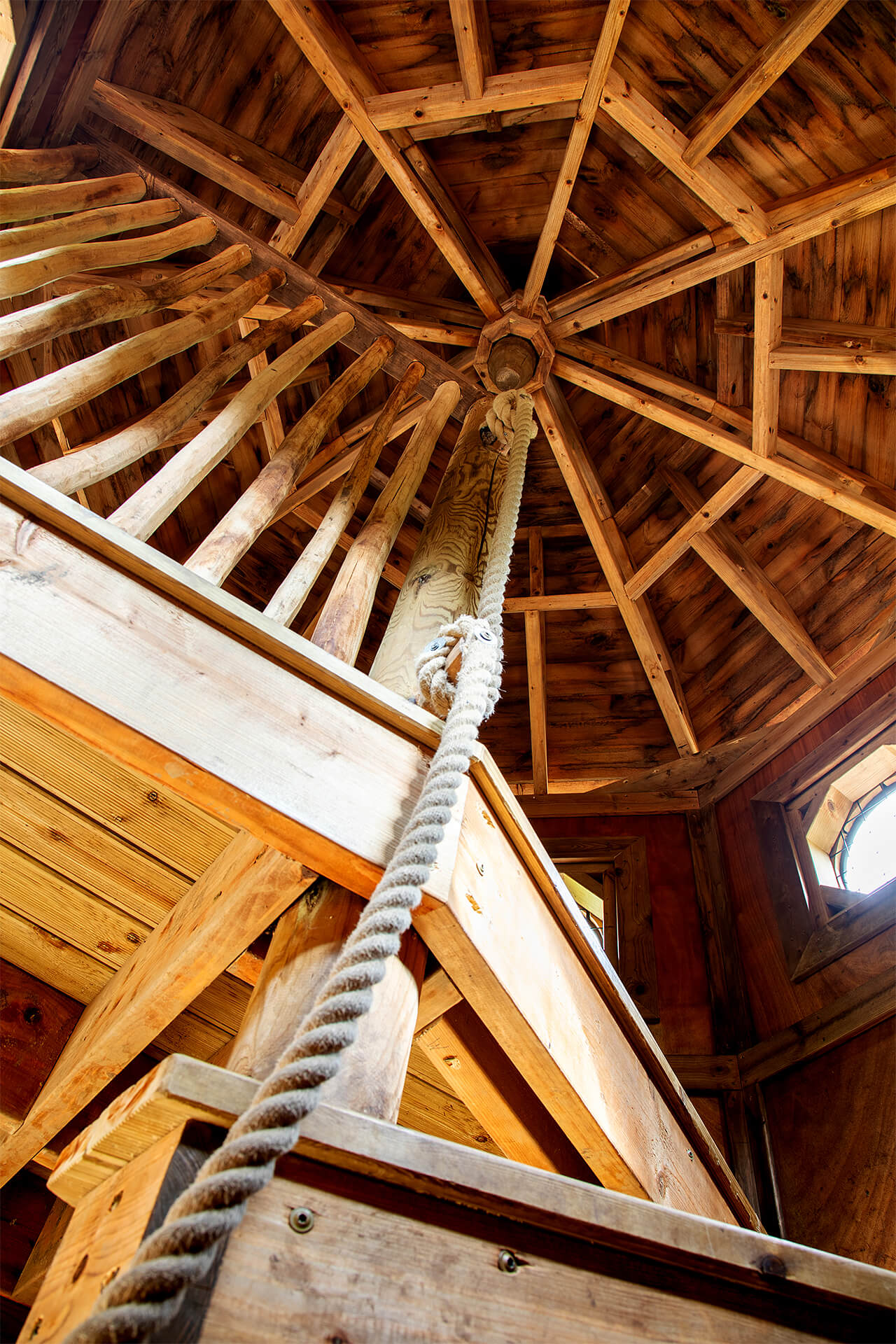 Inside a tower at Hide and Secrets adventure play at Burghley House by CAP.CO with photography by Kev Foster