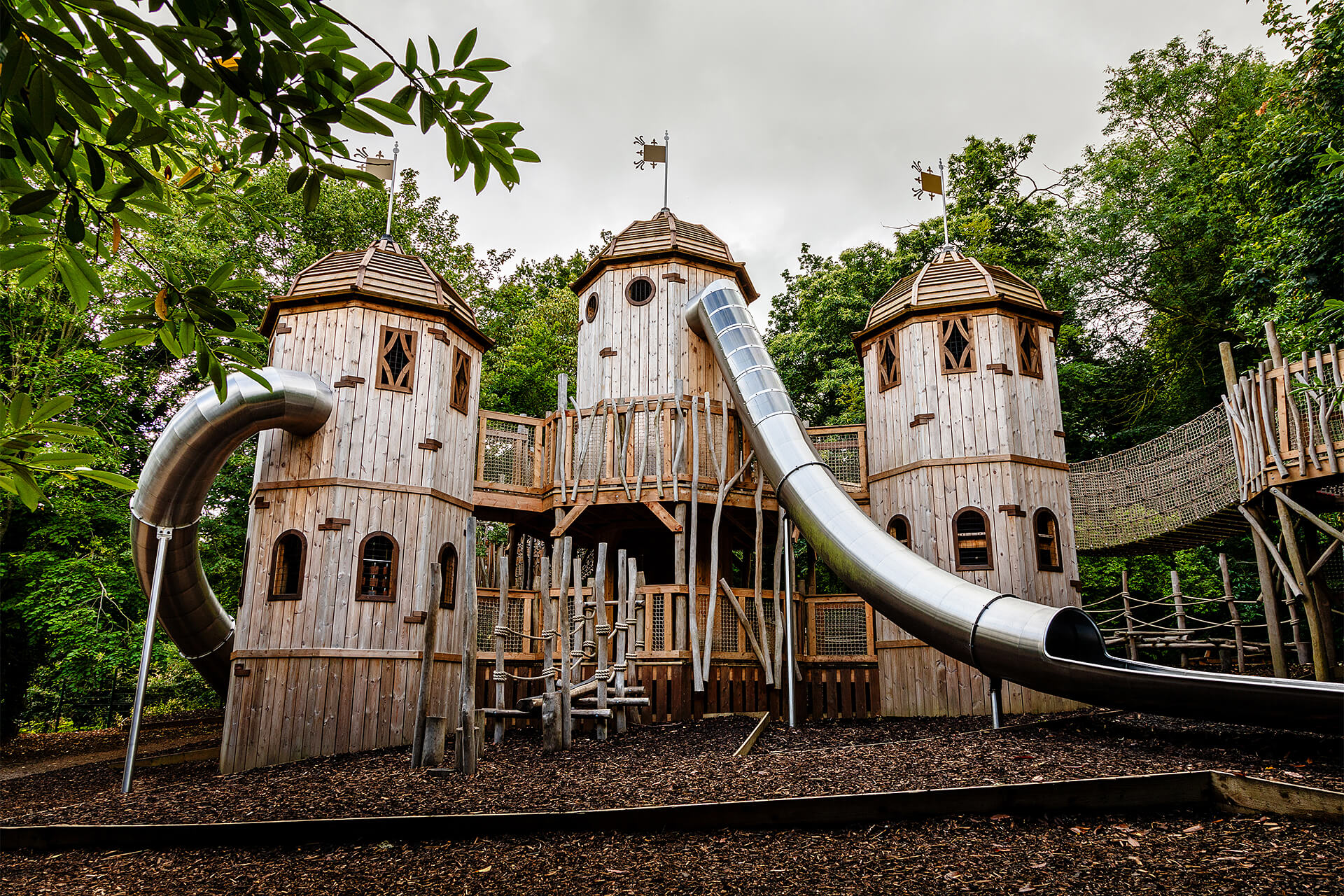 Looking up at the Hide and Secrets adventure play at Burghley House by CAP.CO with photography by Kev Foster