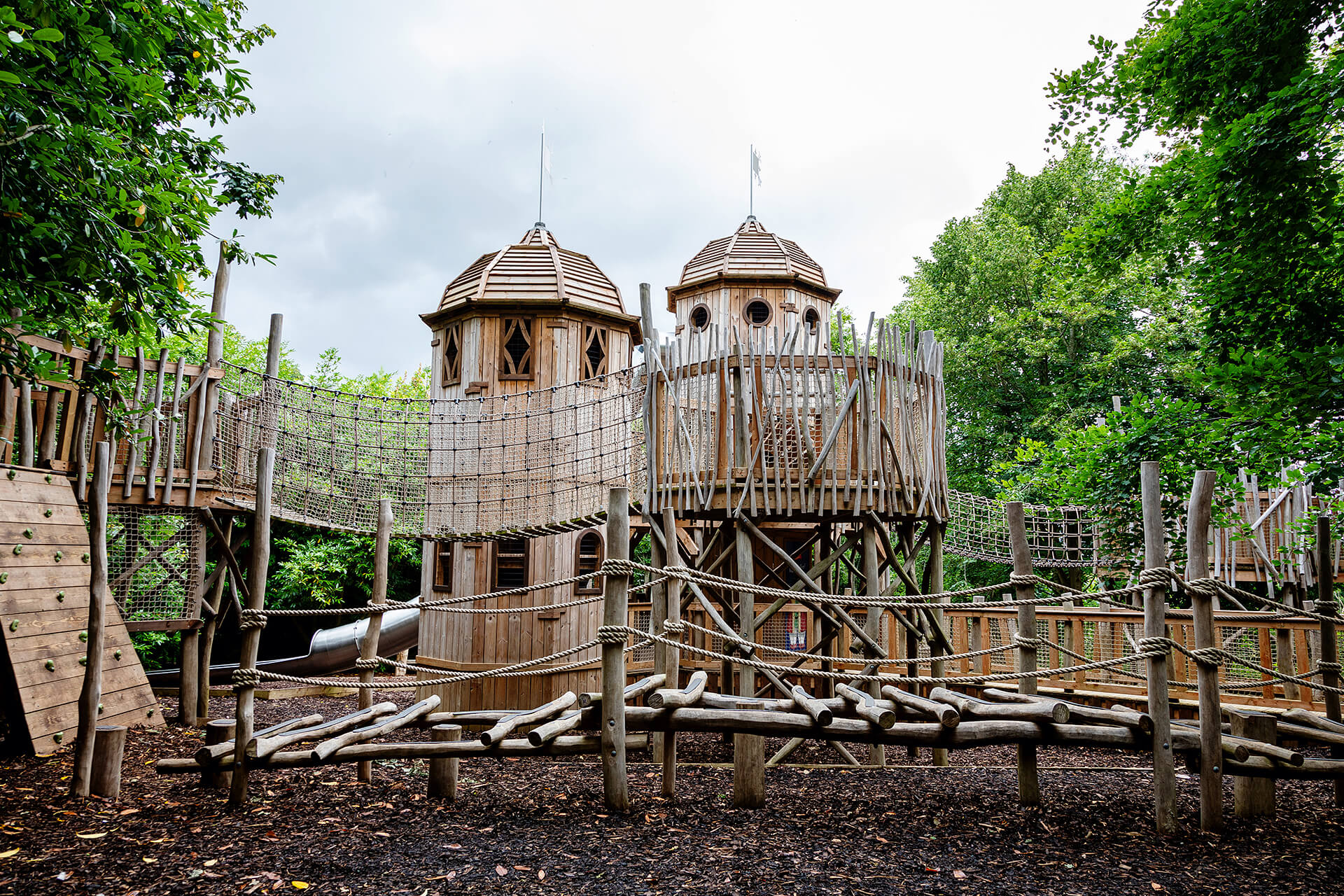 Raised and netted walkways at Hide and Secrets adventure play at Burghley House by CAP.CO with photography by Kev Foster
