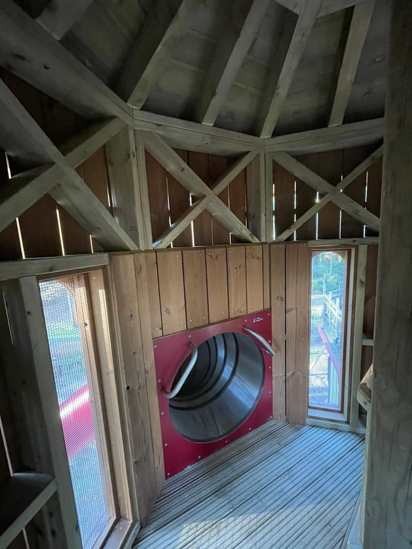 Looking at the huge slide from inside the water tower Adventure Play at Sandringham Estate