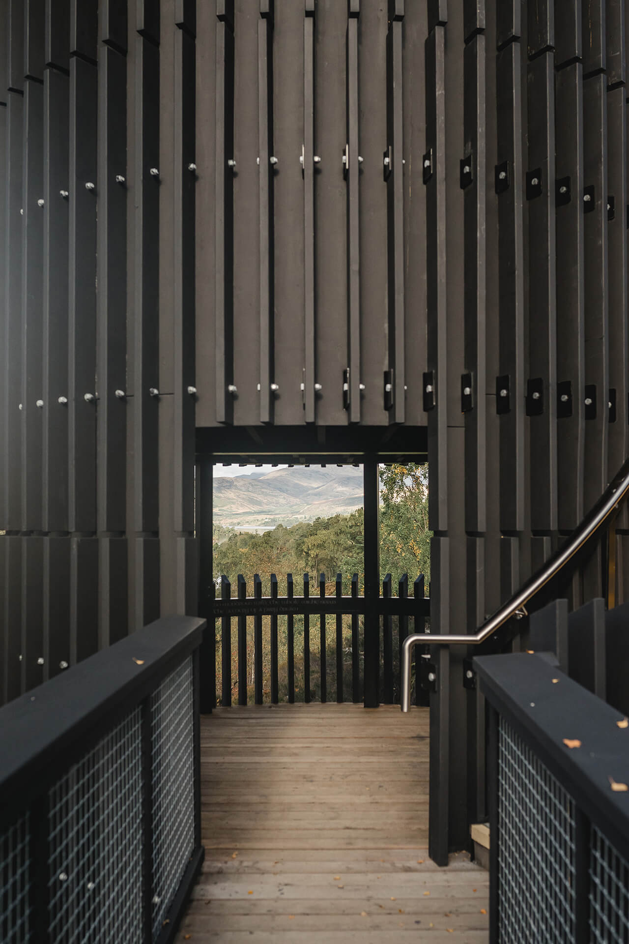 Detail image of cladding on the CAPCO built Roderick Dhu lookout tower at loch katrine photography by Lindsey Mack