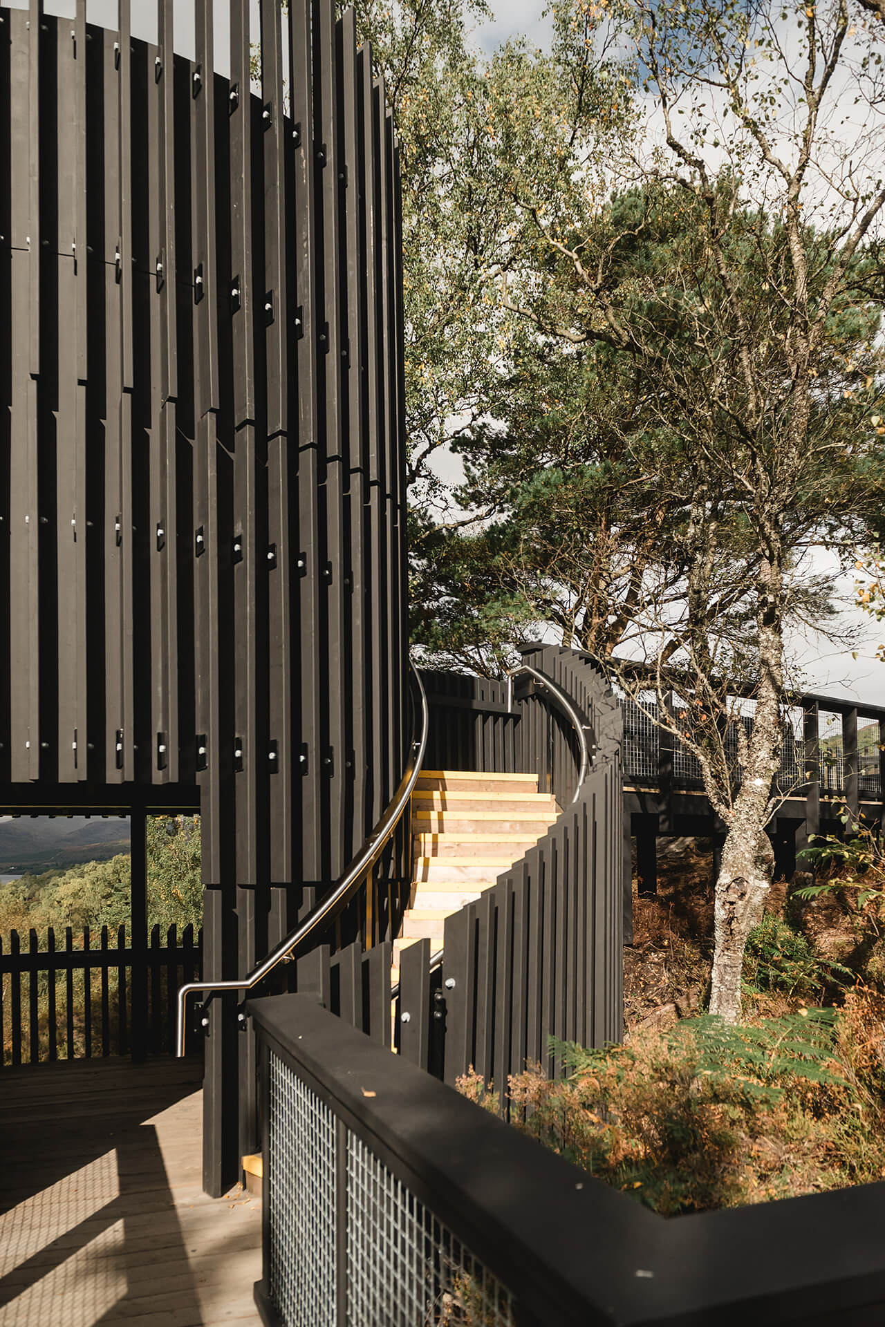 Image of the main tower and stair case built by CAPCO at Roderick Dhu lookout tower at Loch Katrine photography by Lindsey Mack