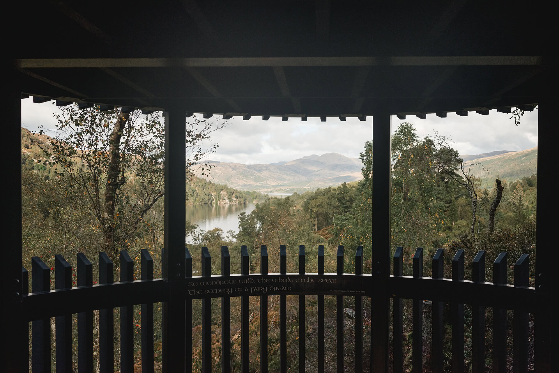 Landscape image of the CAPCO built Roderick Dhu lookout tower at Loch Katrine photography by Lindsey Mack