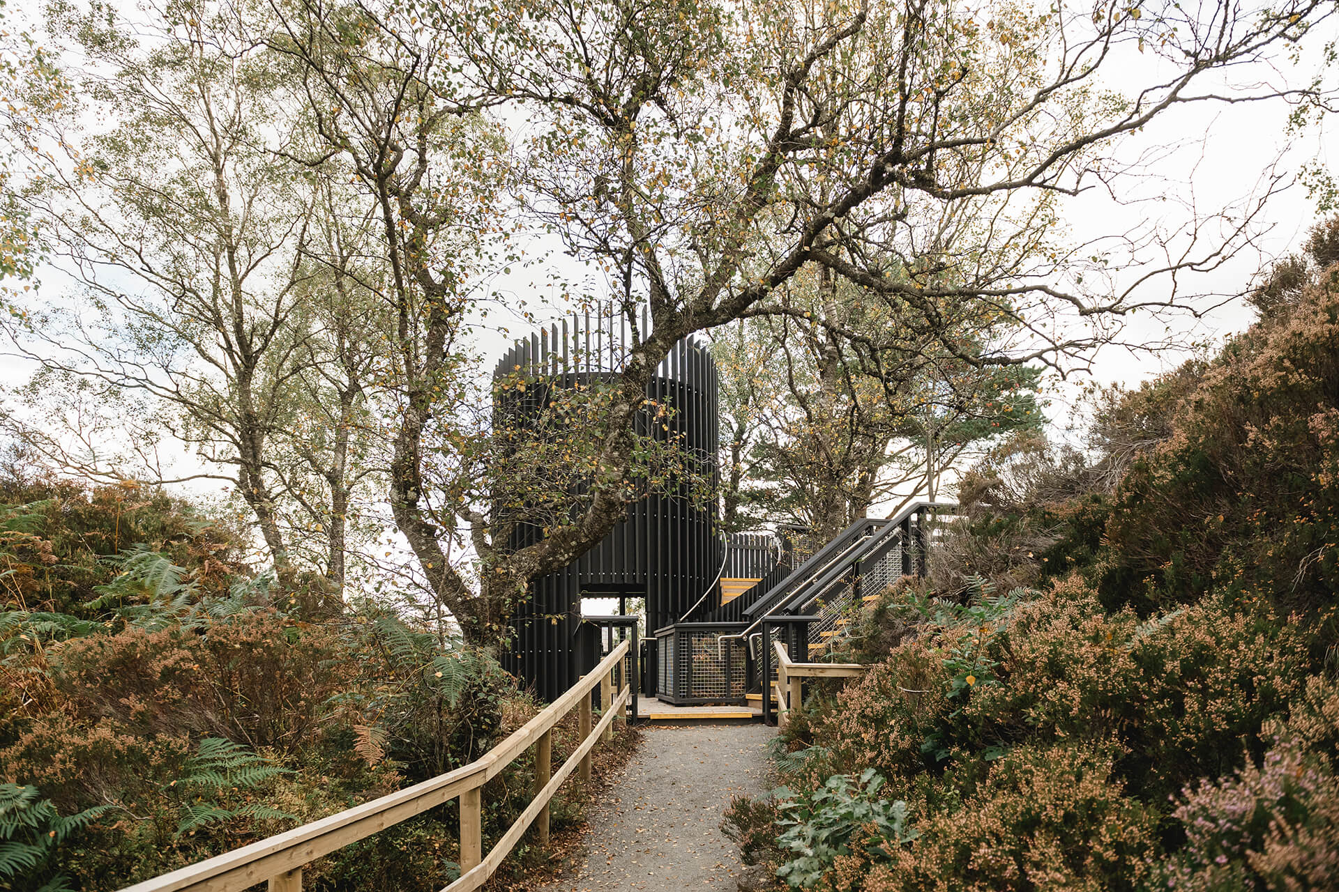 Landscape image of the CAPCO built Roderick Dhu lookout tower at Loch Katrine photography by Lindsey Mack.
