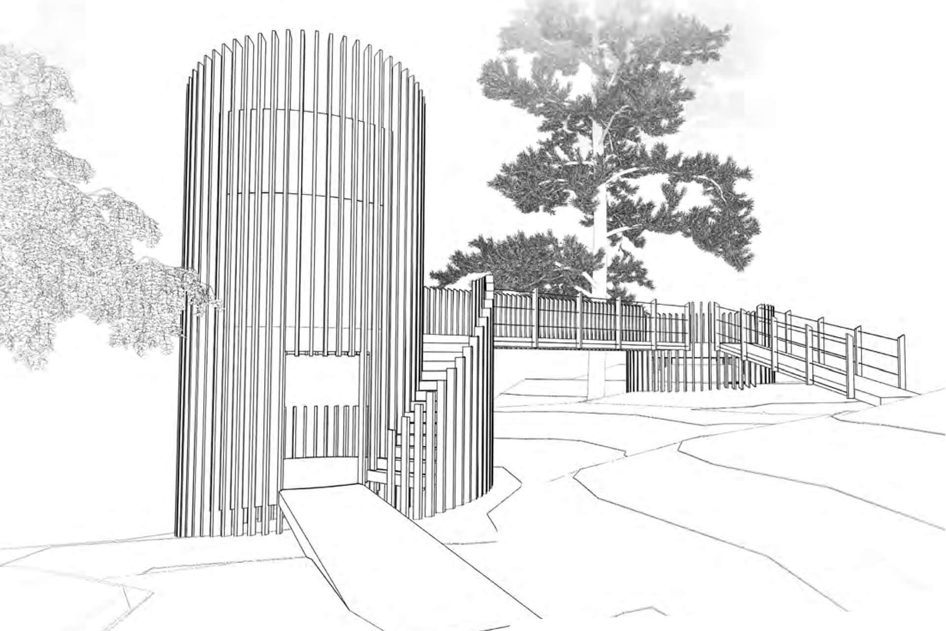 Line drawing of the Roderick Dhu Lookout Tower designed by CAPCO