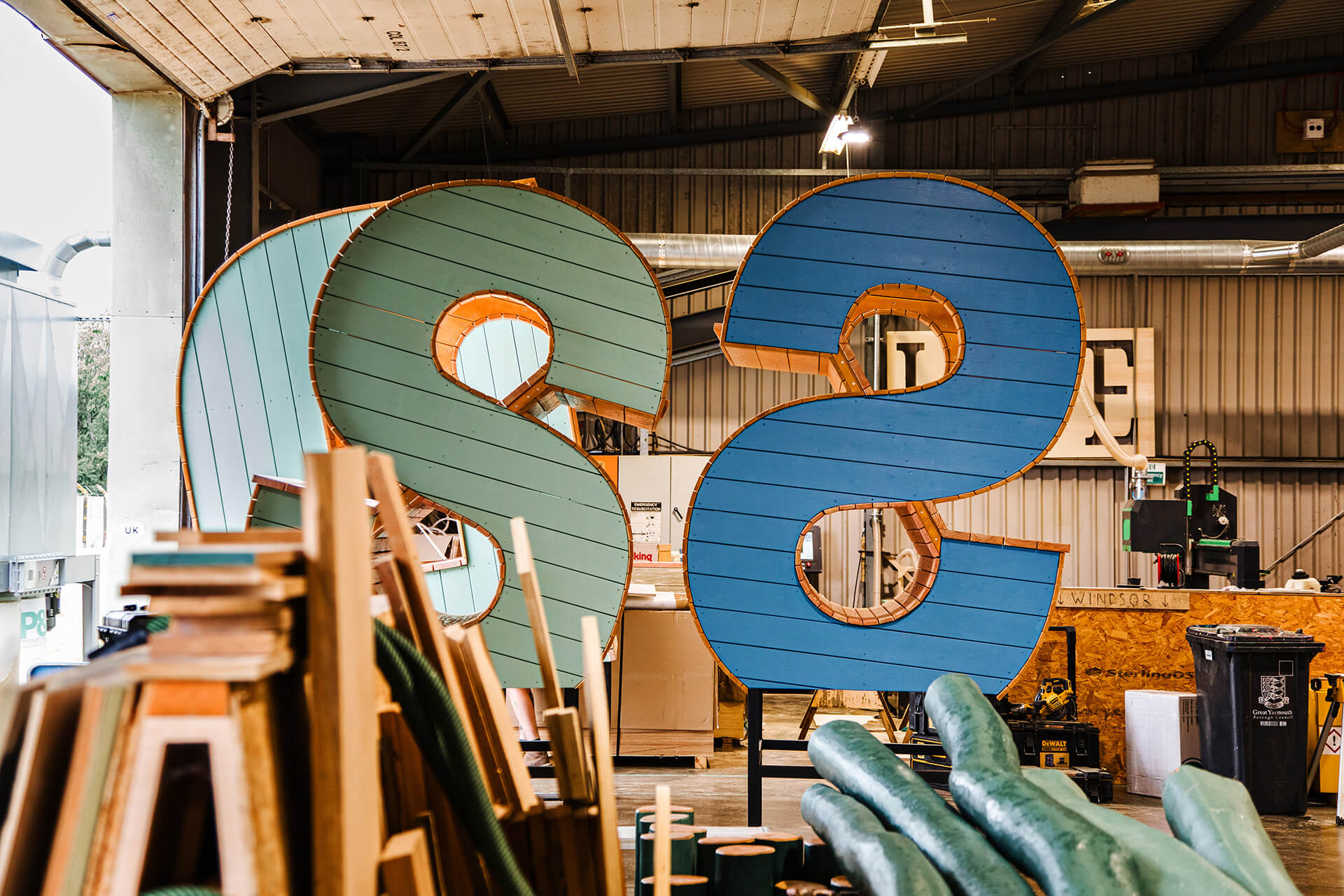 Two play structures in the CAPCO workshop ready for delivery at Poringland school photography by Kev Foster