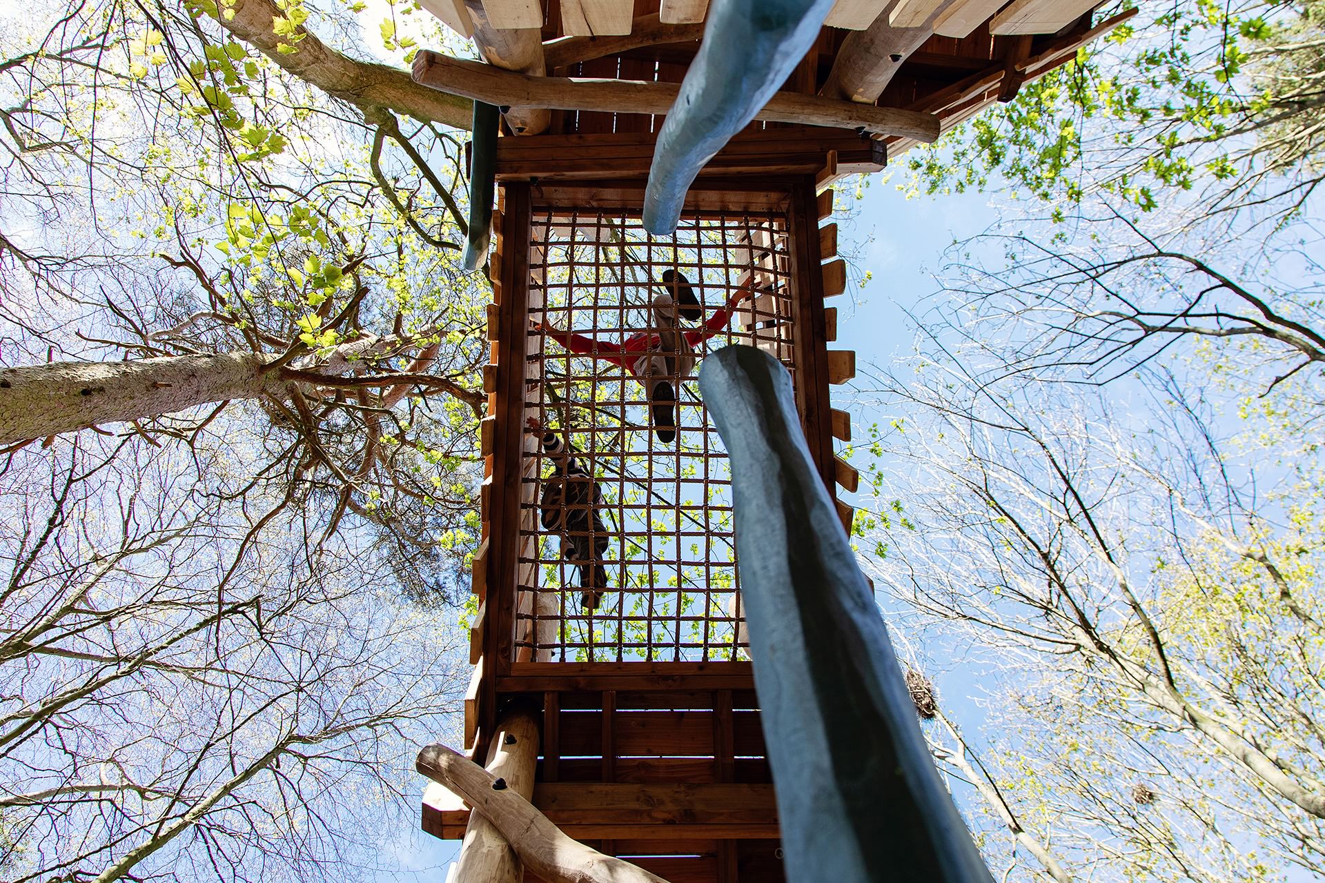 Children climbing across the cargo net walkway on the Woodland Adventures playground at The Belfry Hotel built and designed by CAP.CO photography by Kev Foster