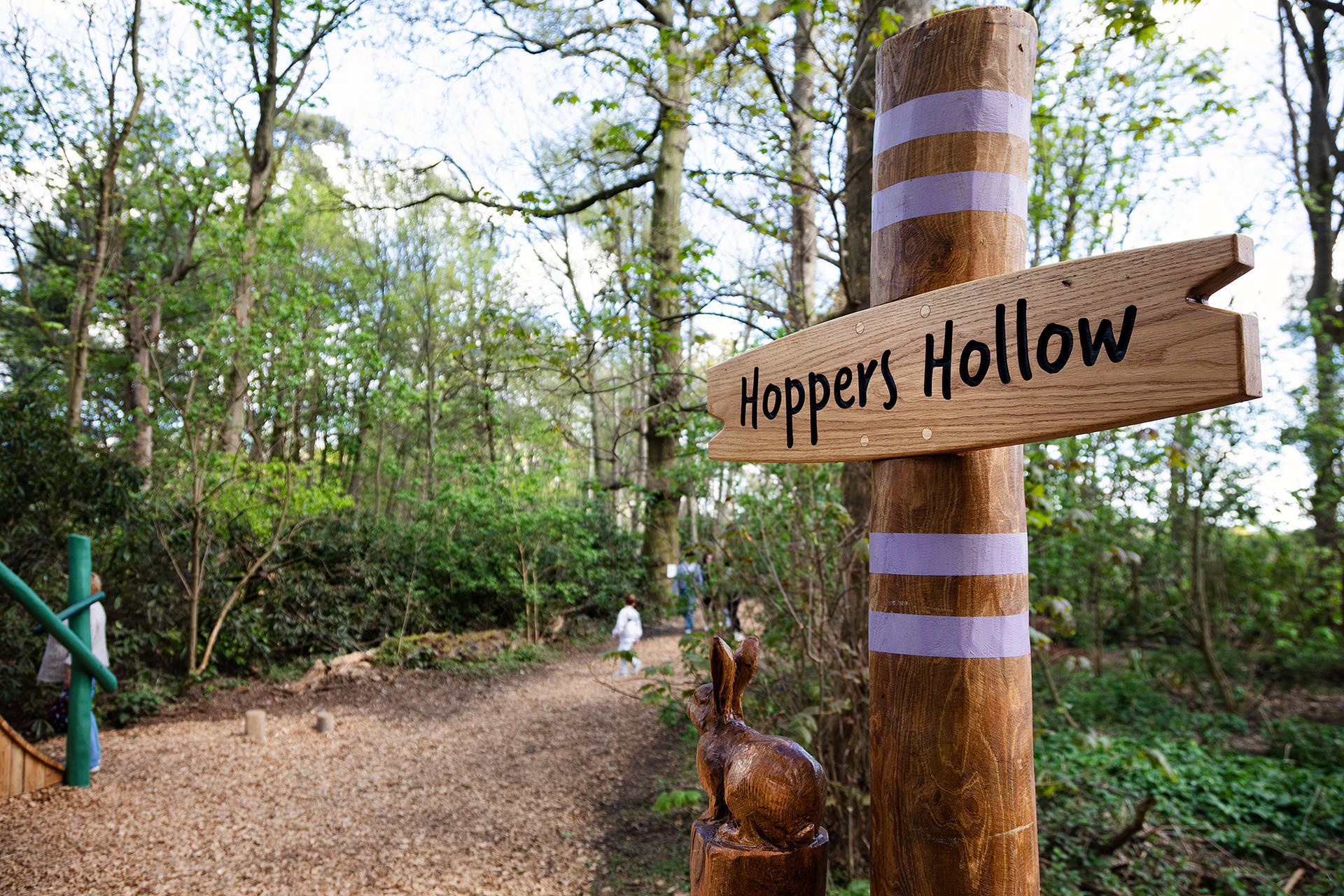 Hoppers Hollow sign post in the Woodland Adventures playground at The Belfry Hotel built and designed by CAP.CO photography by Kev Foster