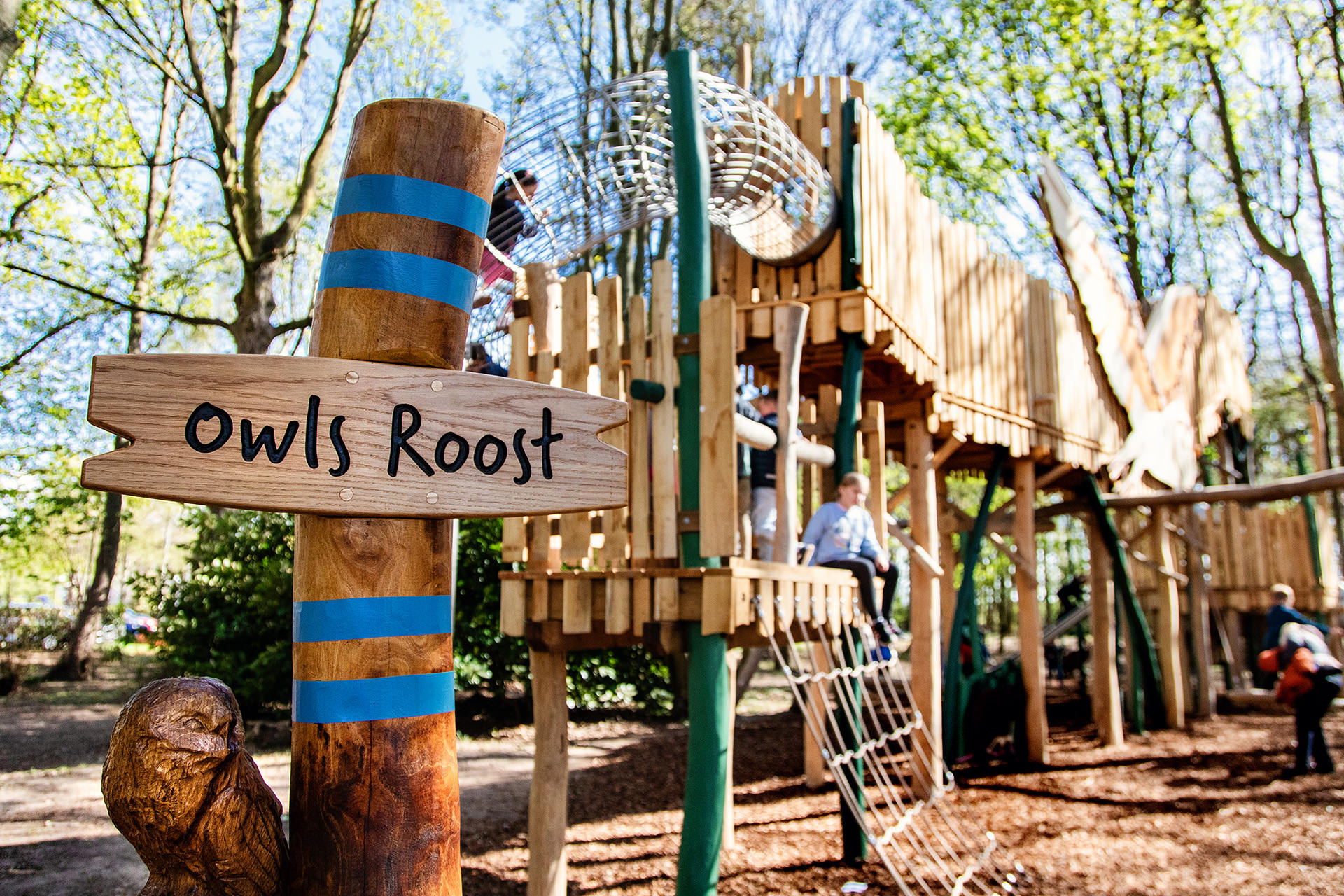 Owls roost sign post in the Woodland Adventures playground at The Belfry Hotel built and designed by CAP.CO photography by Kev Foster