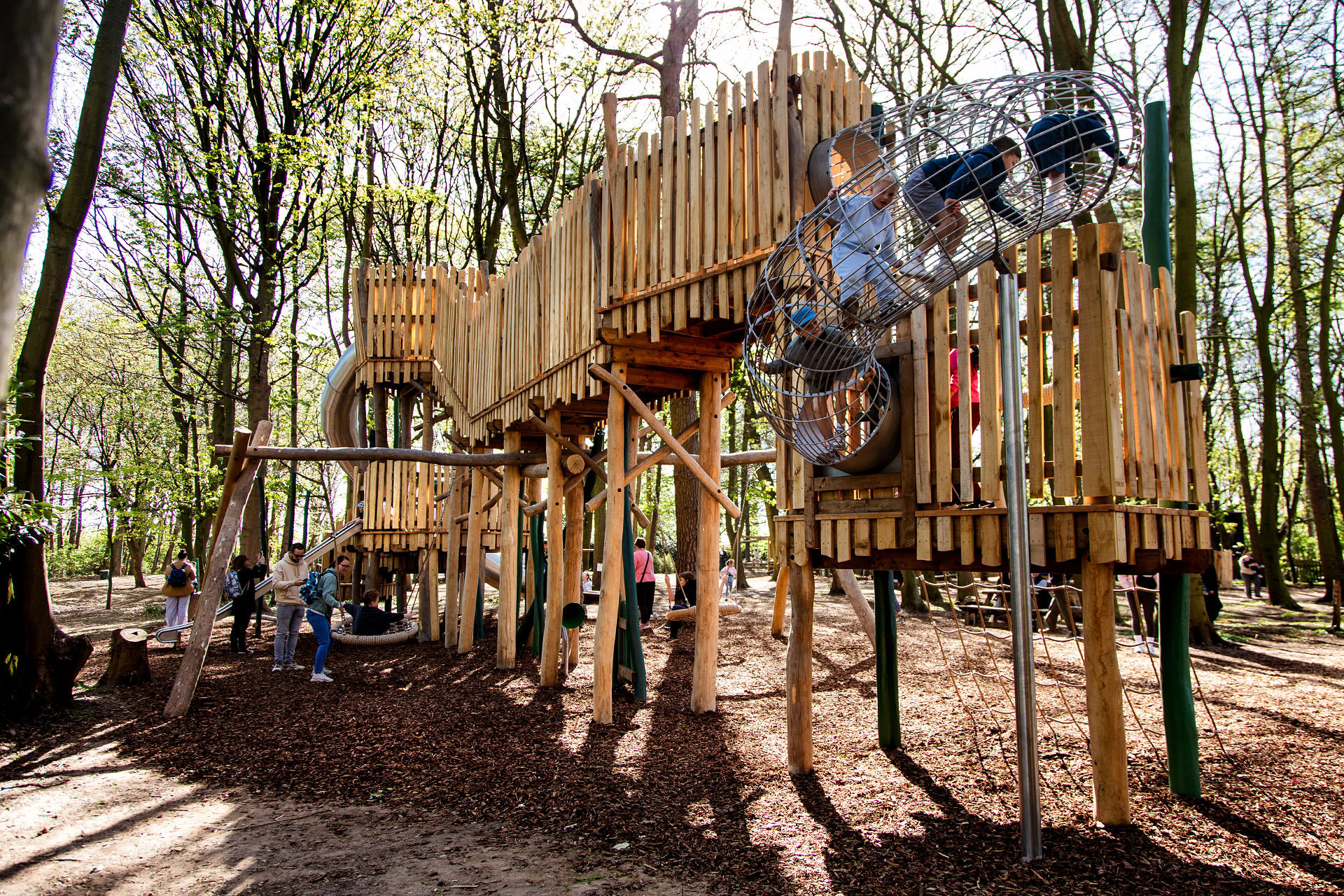 The only way up is through the mesh tunnel at the Woodland Adventures playground at The Belfry Hotel built and designed by CAP.CO photography by Kev Foster