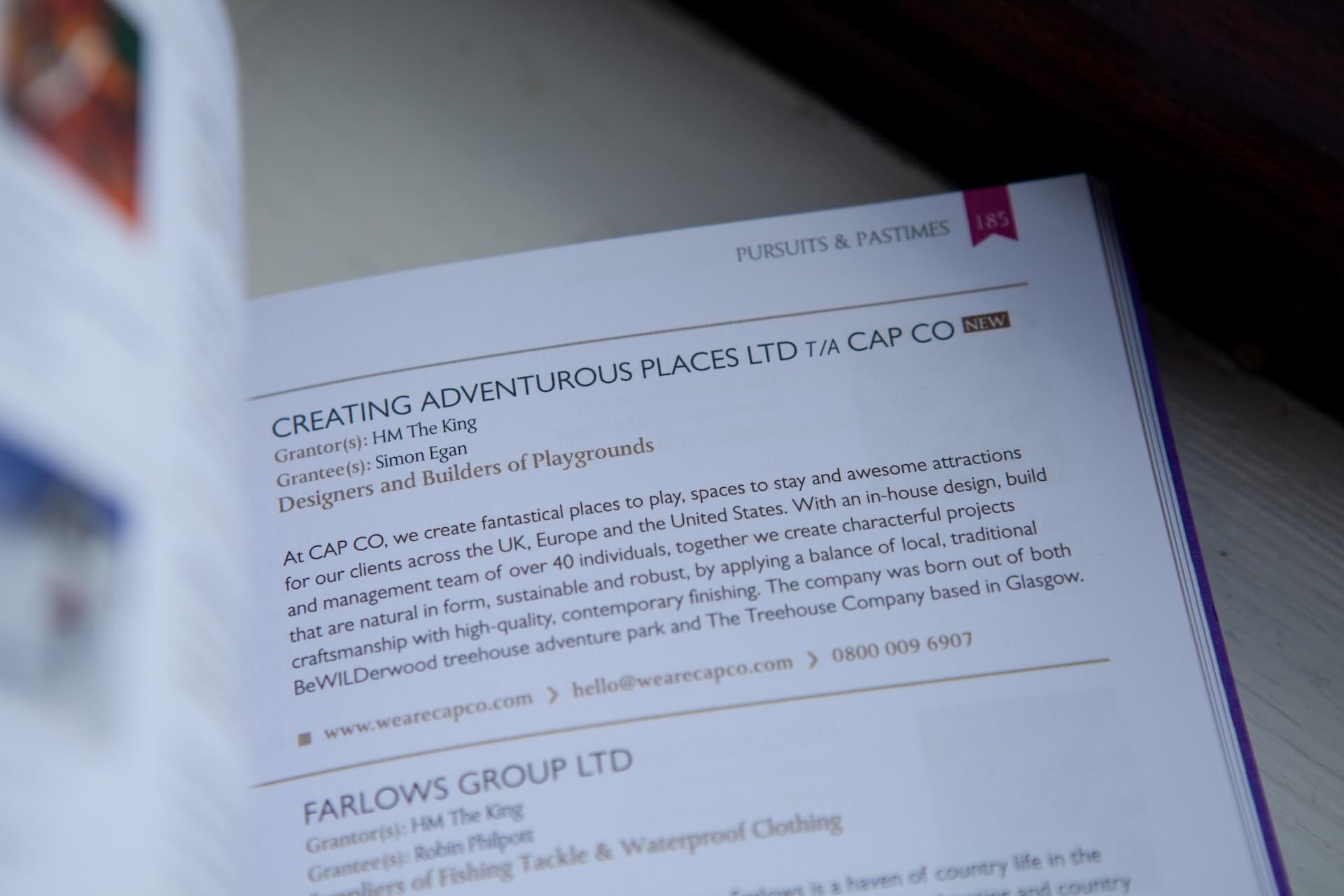 The inside of the Royal Warrant Holders Book with CAP.CO