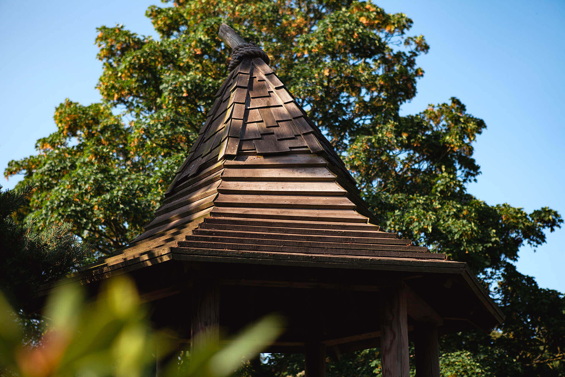 The wonky roof of the tower at Scarborough Hill Country Inn Hotel pine tower playground built and designed by CAPCO photography by George Browne