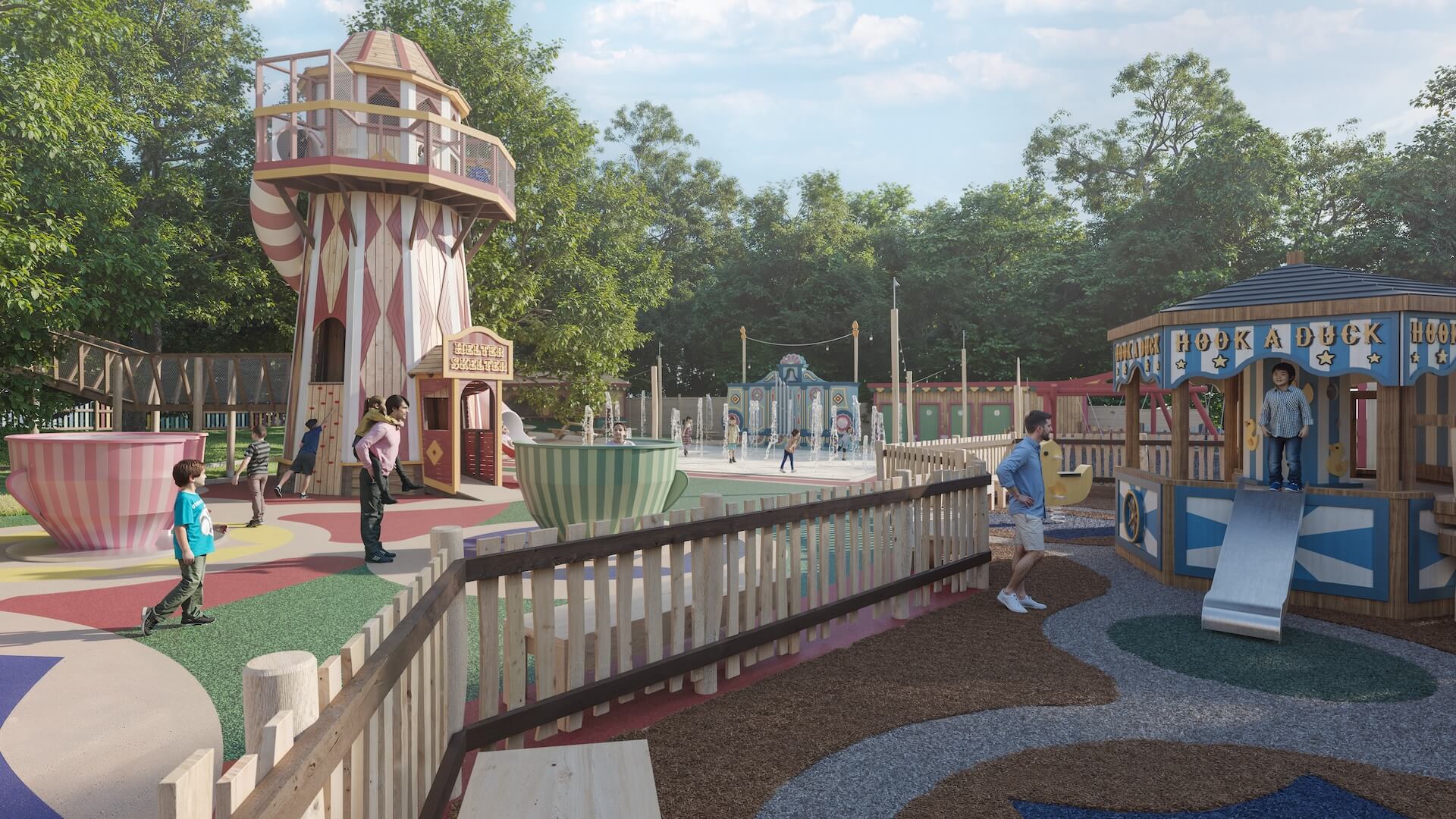 CGI of the view across to the Helter Skelter at the Adventure Play Fair at Thursford designed and built by CAP.CO