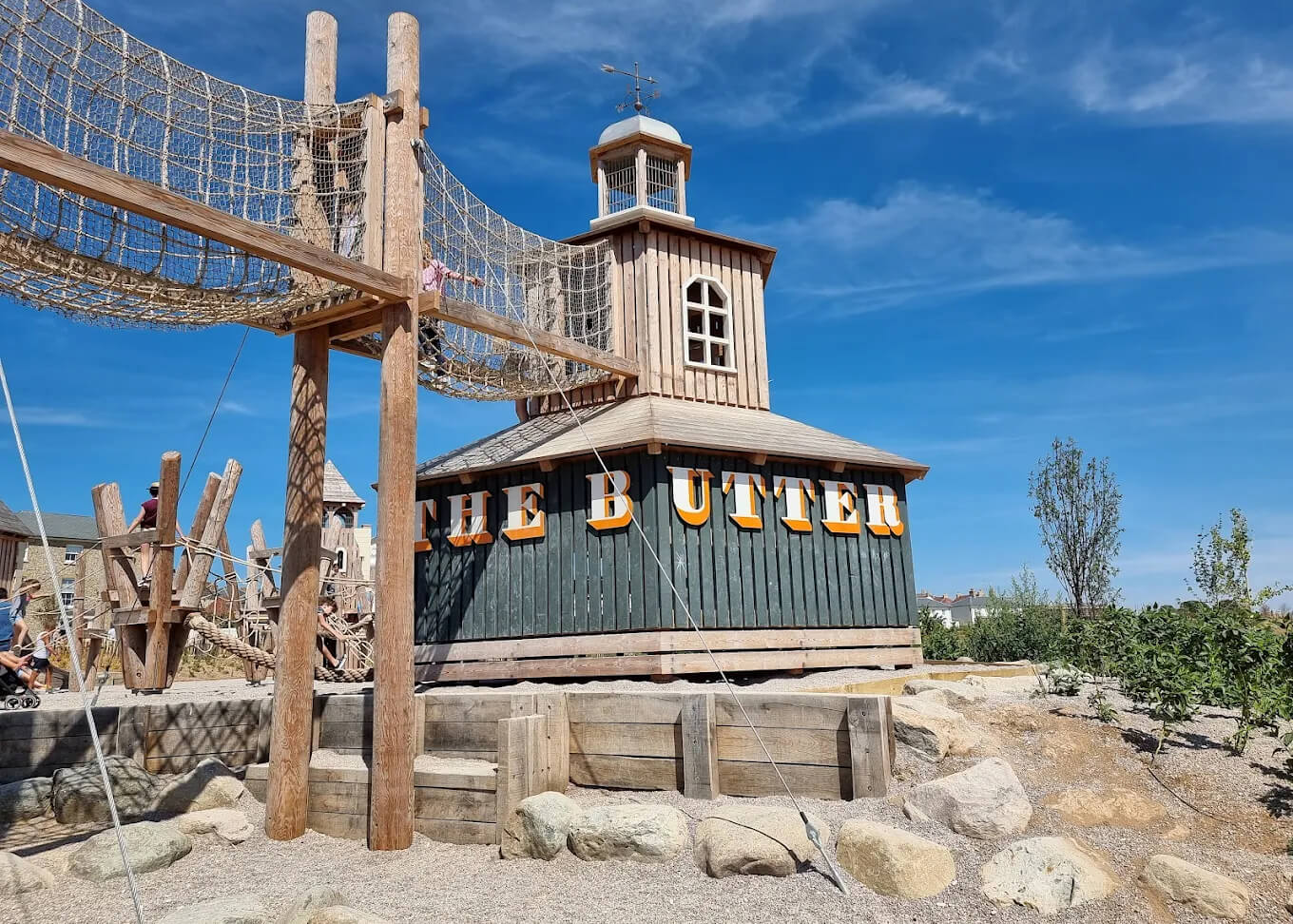 Custom play tower and adventure structures at The Great Field Playground in Poundbury designed by CAP.CO