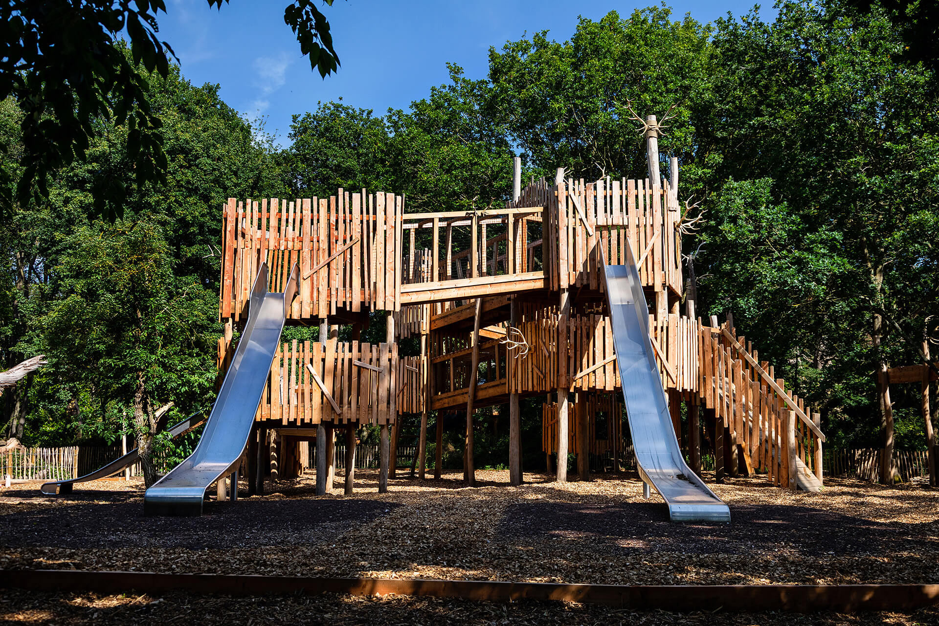 Family-friendly adventure playground in ancient woodland at Helmingham Estate by CAP.CO, photography by Kev Foster