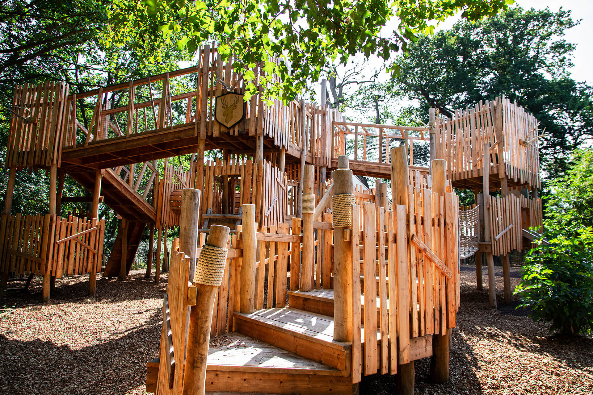 Multi-level walkways and bridges in the stag-themed Elderglade play area by CAP.CO, photography by Kev Foster