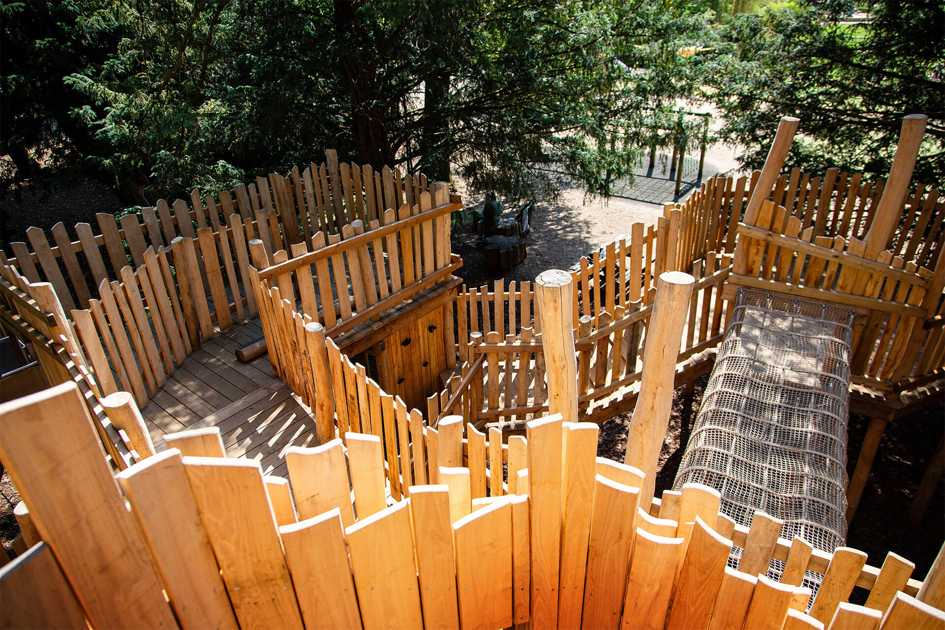A view from the top at The Sky Maze adventure playground at Cotswold Wildlife Park, designed and built by CAP.CO, photography by Kev Foster