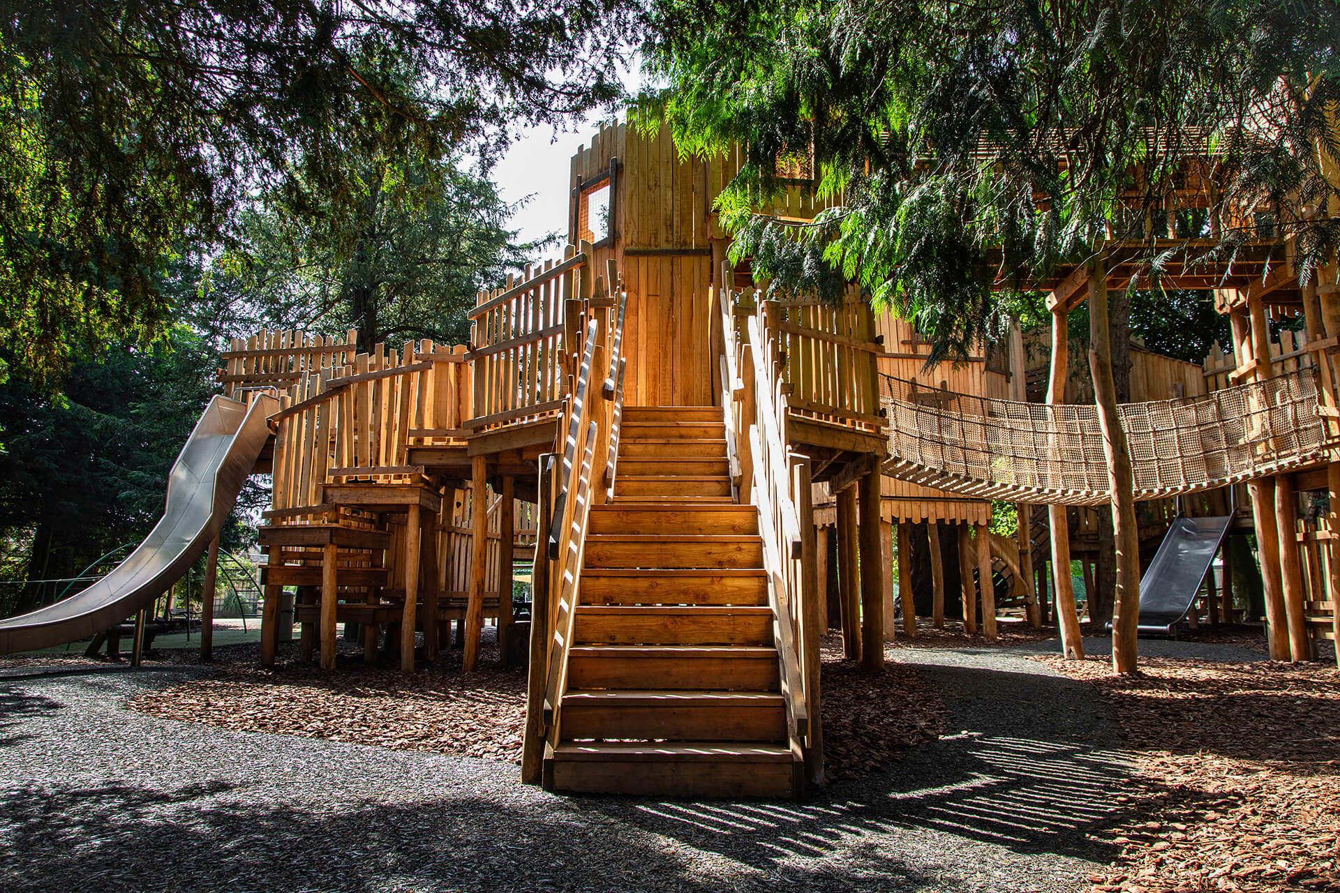 Get lost amongst the tree's at the The Sky Maze adventure playground at Cotswold Wildlife Park, designed and built by CAP.CO, photography by Kev Foster