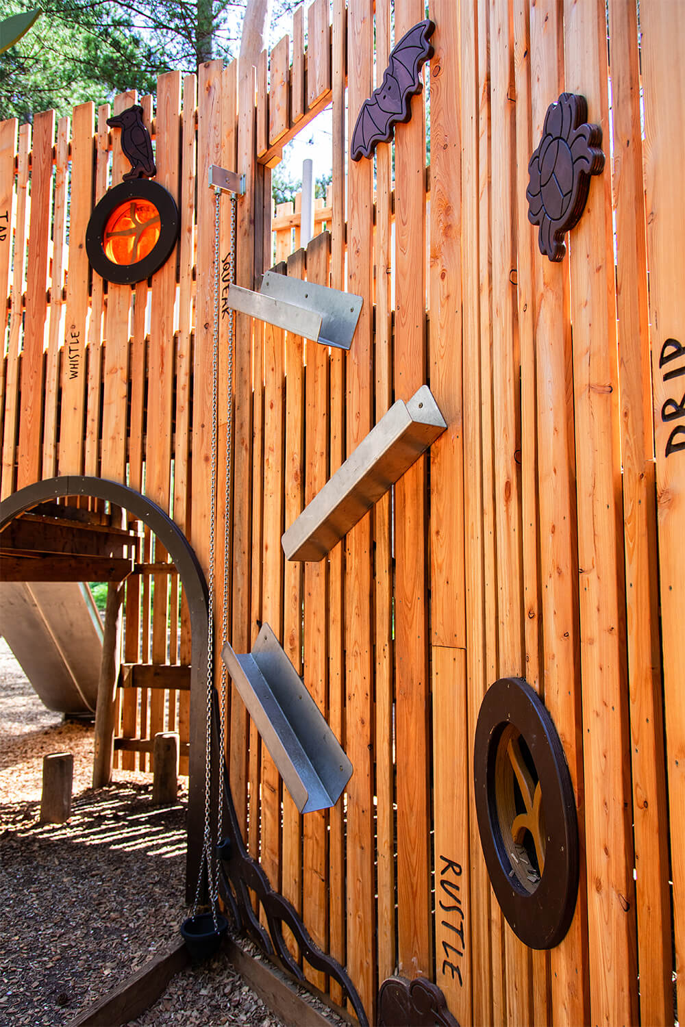 Natural timber play features created by CAP.CO among the trees at Moors Valley’s Woodland Rhapsody