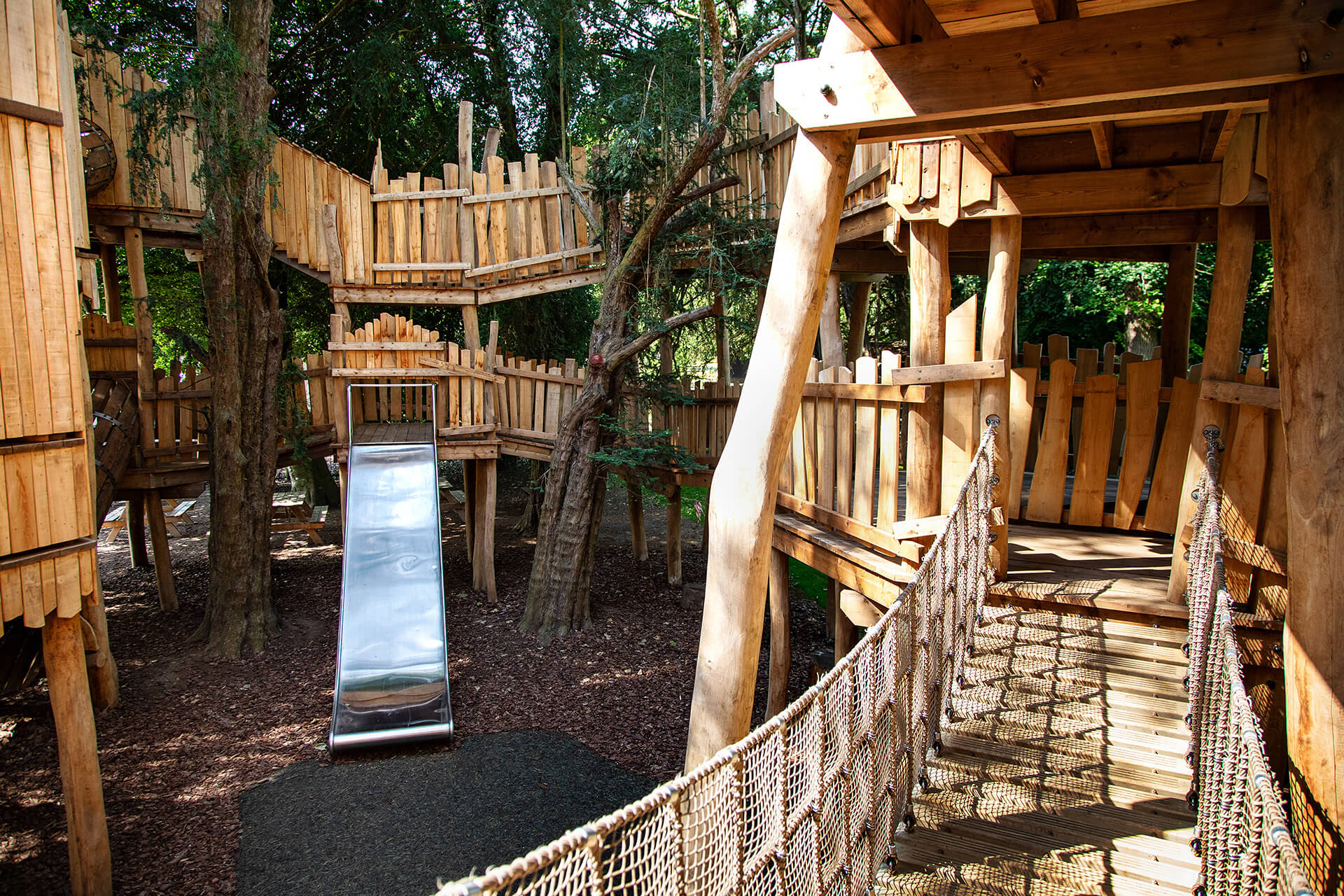 Slides, walkways and bridges at The Sky Maze adventure playground at Cotswold Wildlife Park, designed and built by CAP.CO, photography by Kev Foster