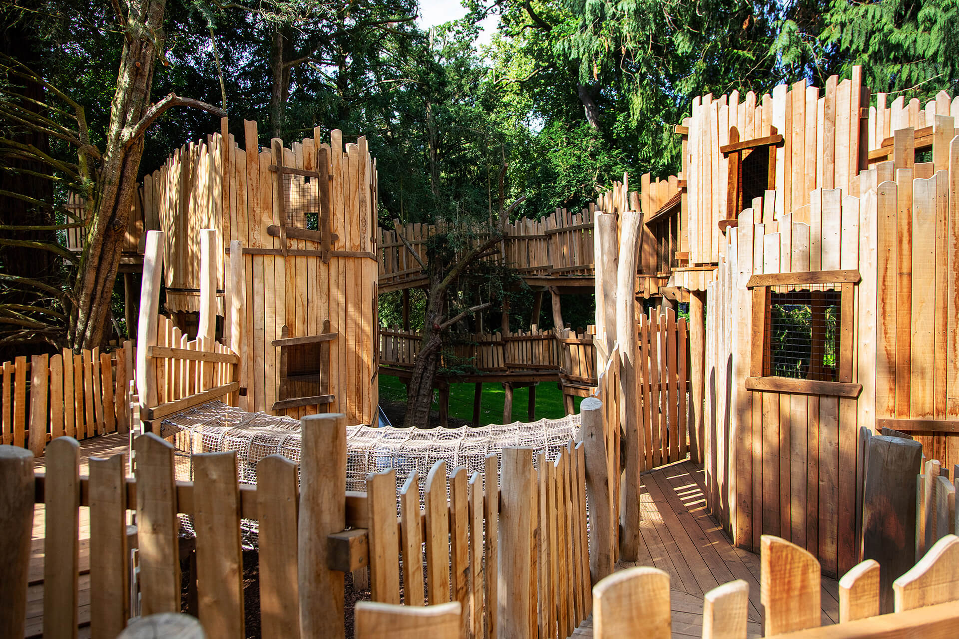 The two main structures connected by bridges and tunnels at The Sky Maze adventure playground at Cotswold Wildlife Park, designed and built by CAP.CO, photography by Kev Foster