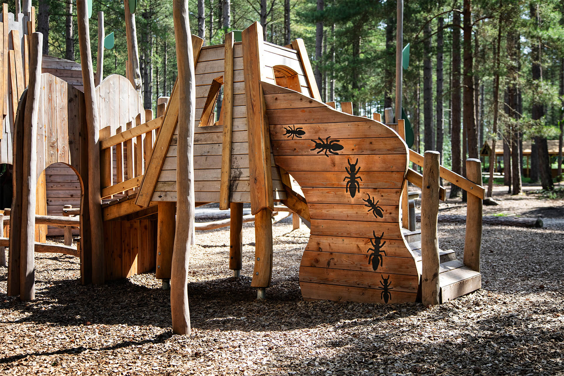 Timber towers, platforms and bridges created by CAP.CO at the Ants’ Nest adventure playground