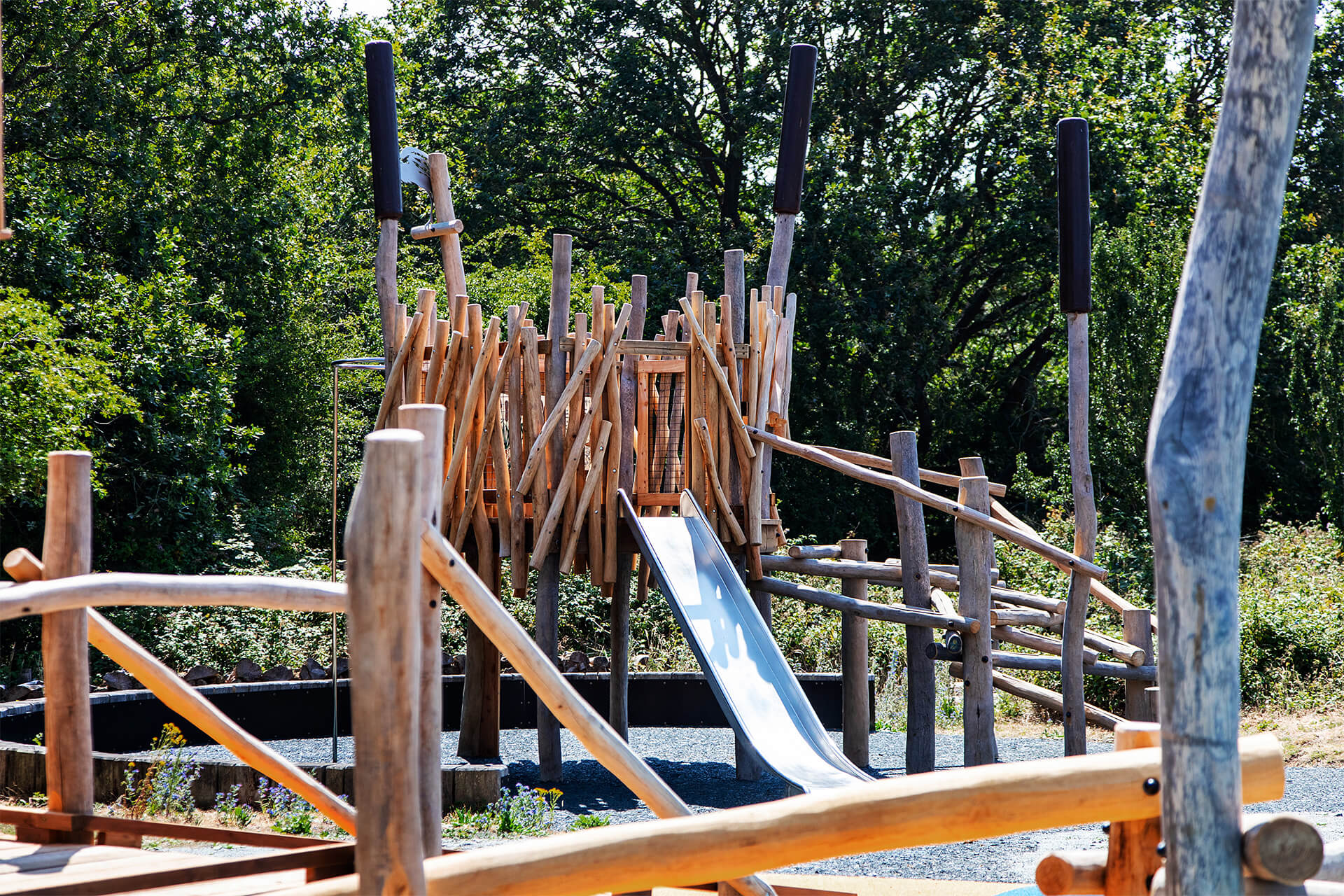 Natural wood play structures created by CAP.CO within the Minsmere nature reserve
