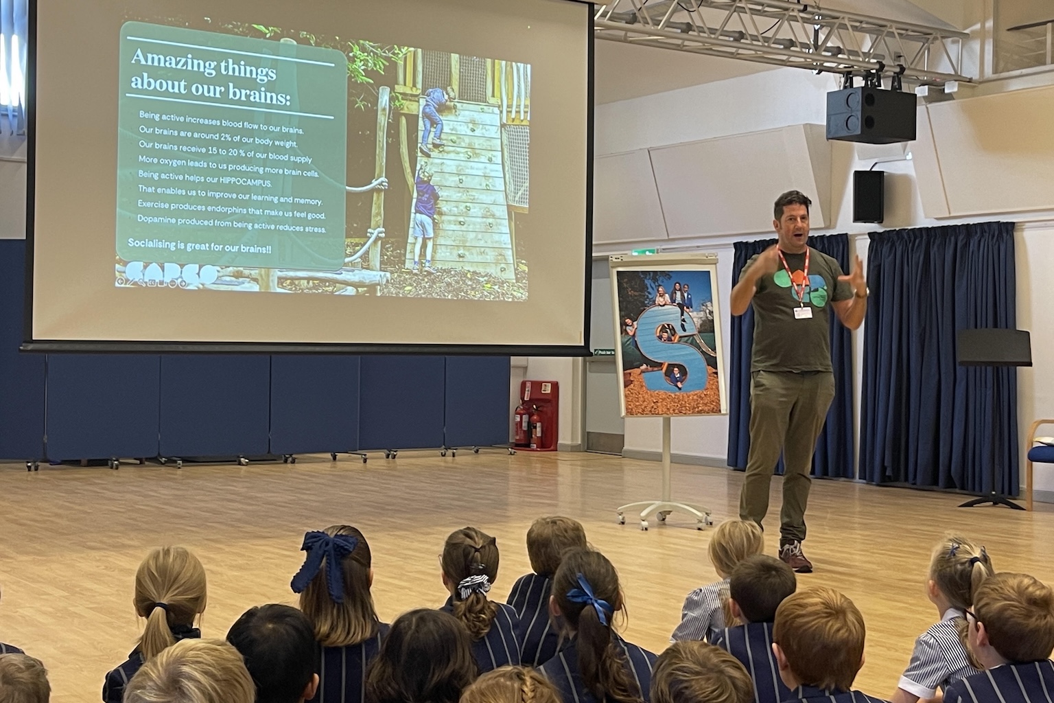 Pete Dean of CAP.CO delivering assembly about play to Town Close School